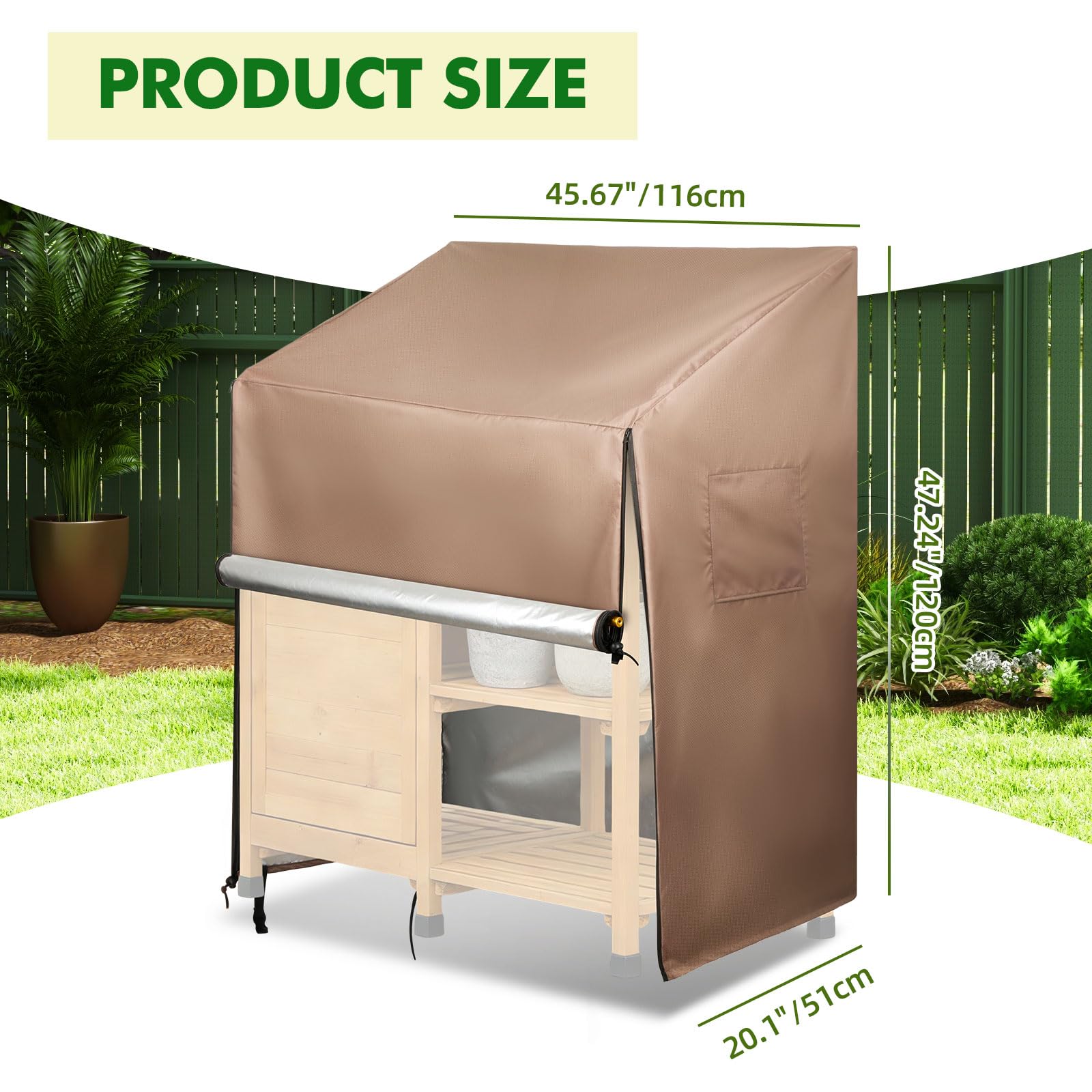 Funda Impermeable para Mesa de Jardinería con Solapa Frontal Abatible, Cubierta Protectora para Banco de Trabajo, Oxford 420D Marrón (116 * 51 * 120cm)