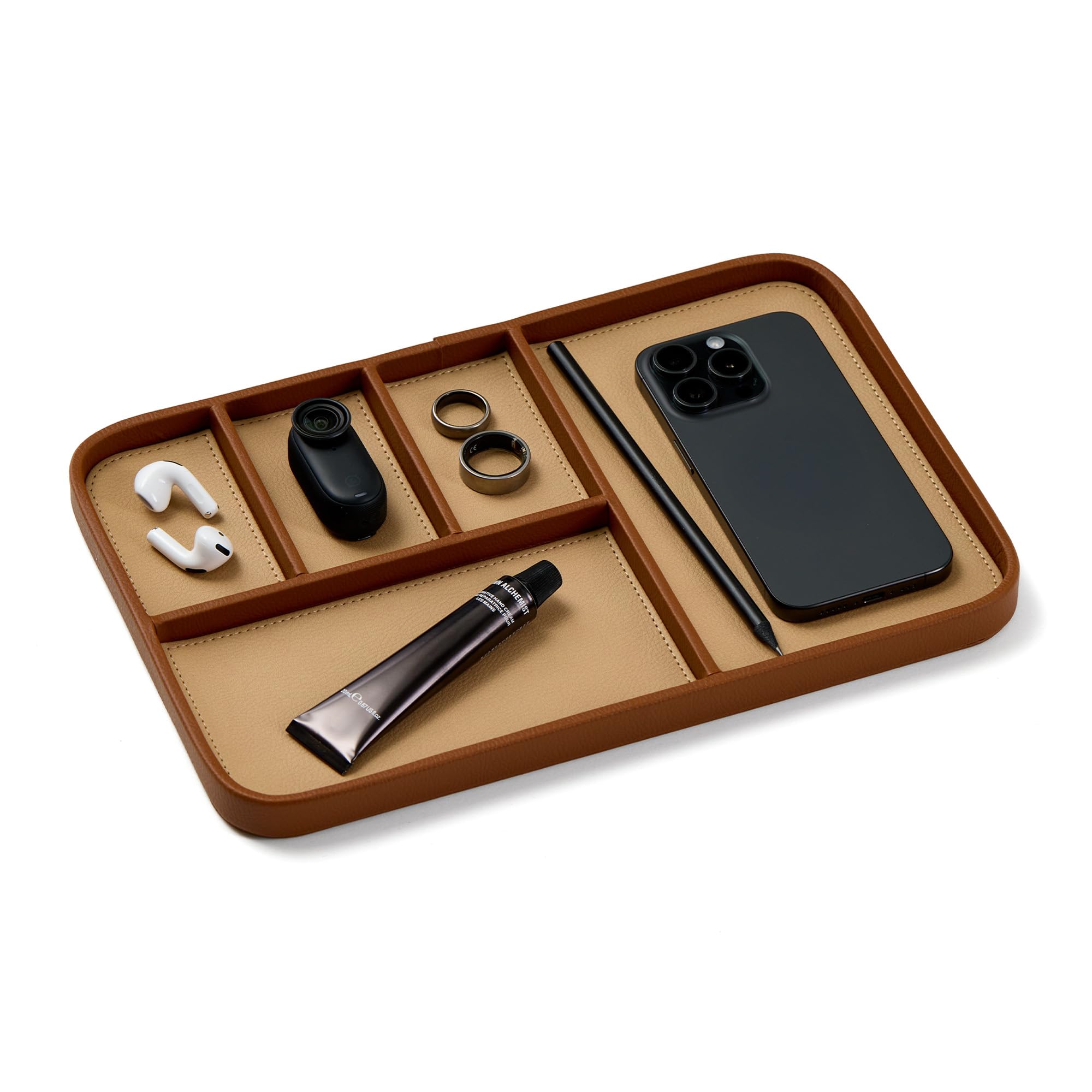 Nordik Leather Valet Tray - Sand Brown - 30 x 20 cm Large Size Vegan Leather Tray for Entryway - Stylish Nightstand Organizer for Men - Modern Bedside Caddy - EDC Catchall for Keys Wallet Jewellery