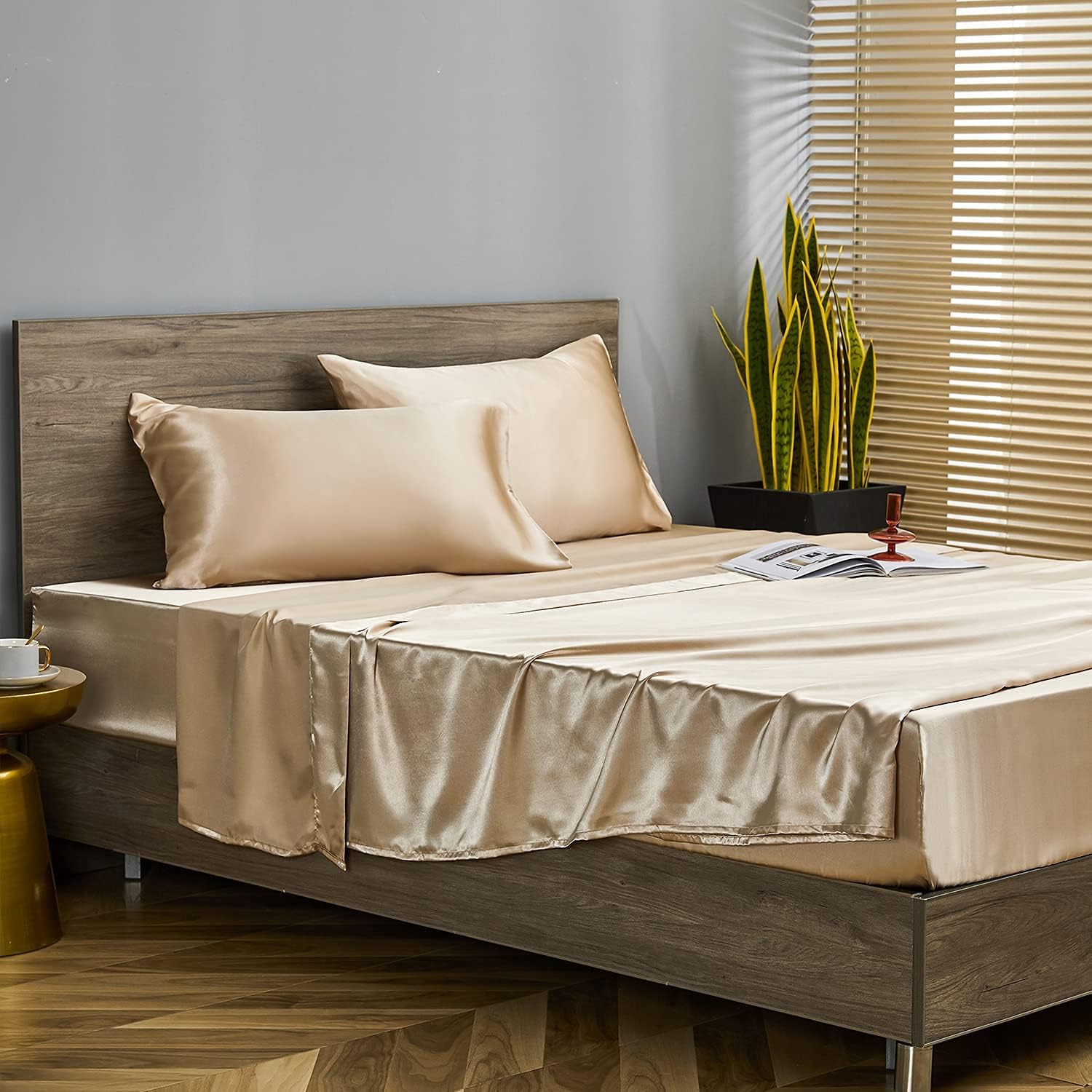 Silk Satin Bed Sheets, Silk Satin Bed Set with 4 Pillowcase, Satin Fitted Sheet , Silk Satin Flat Sheet 15 Inches Deep Pocket for Mattress -(Twin XL Taupe)