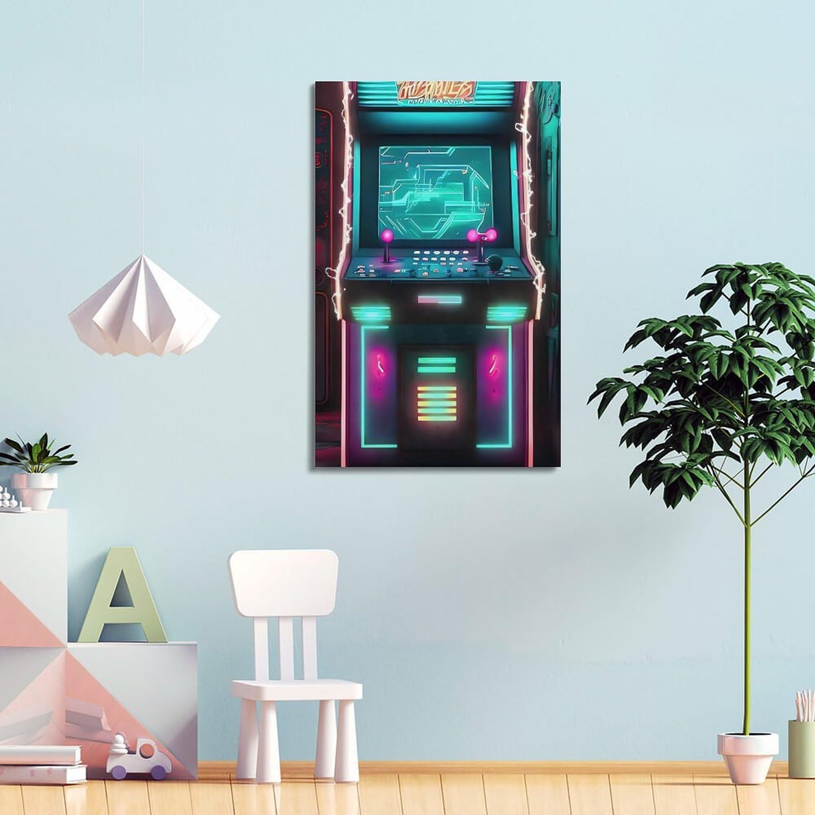 Stampa artistica da parete moderna su tela, poster di videogiochi, macchina arcade al neon, pittura creativa su tela, 40 x 60 cm, con cornice