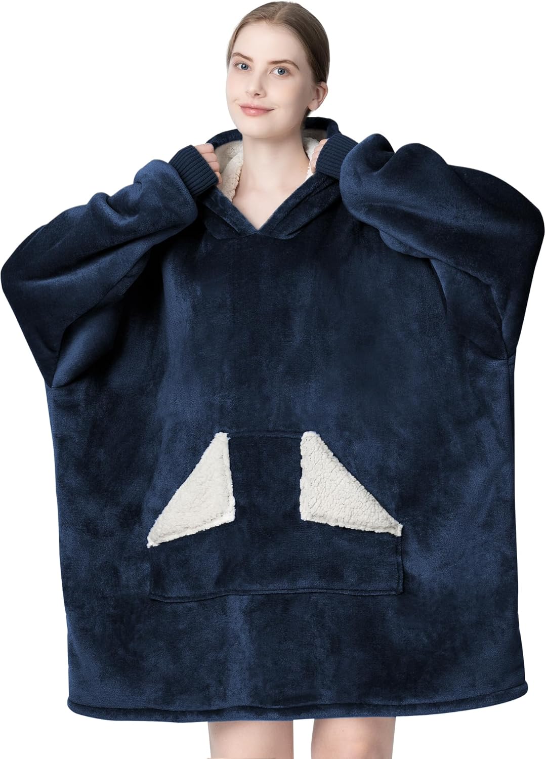 Touchat Wearable Blanket Hoodie, Oversized Sherpa Blanket Sweatshirt with Hood Pocket and Sleeves, Super Soft Warm Comfy Plush Hooded Blanket for Adult Women Men, One Size Fits All (NavyBlue)