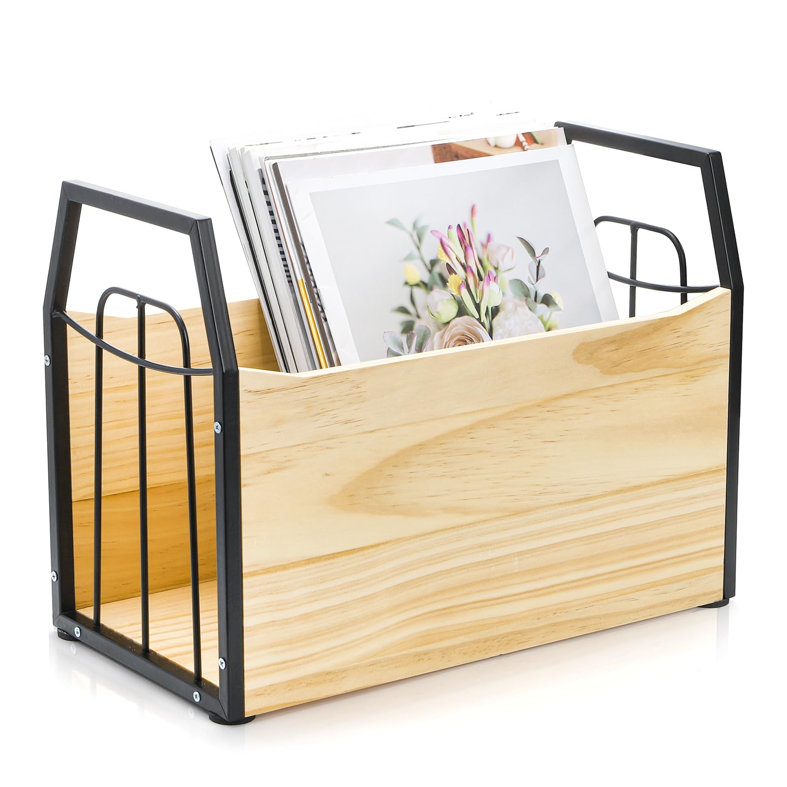 Nagpew Wood Magazine Holder, Sturdy Magazine Storage Basket with Assembly Tool, File Book Organizer Jar Rack Floor for Desktop, Office, Kitchen, Newspaper