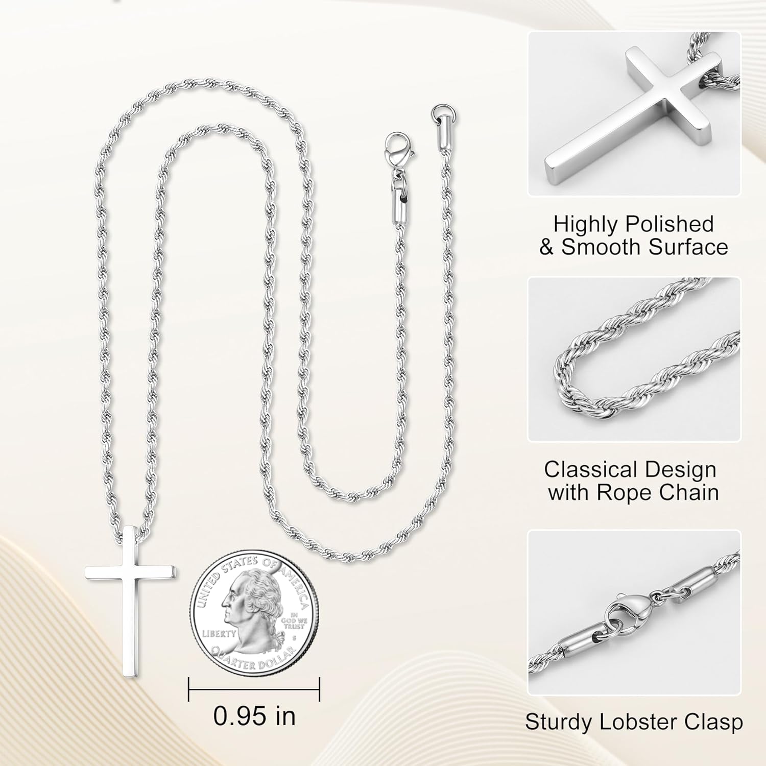 Cross Necklace for Men, Silver/Gold/Black Stainless Steel Cross Pendant Necklace with 2.5mm Rope Chain 16-24 Inch - Image 4