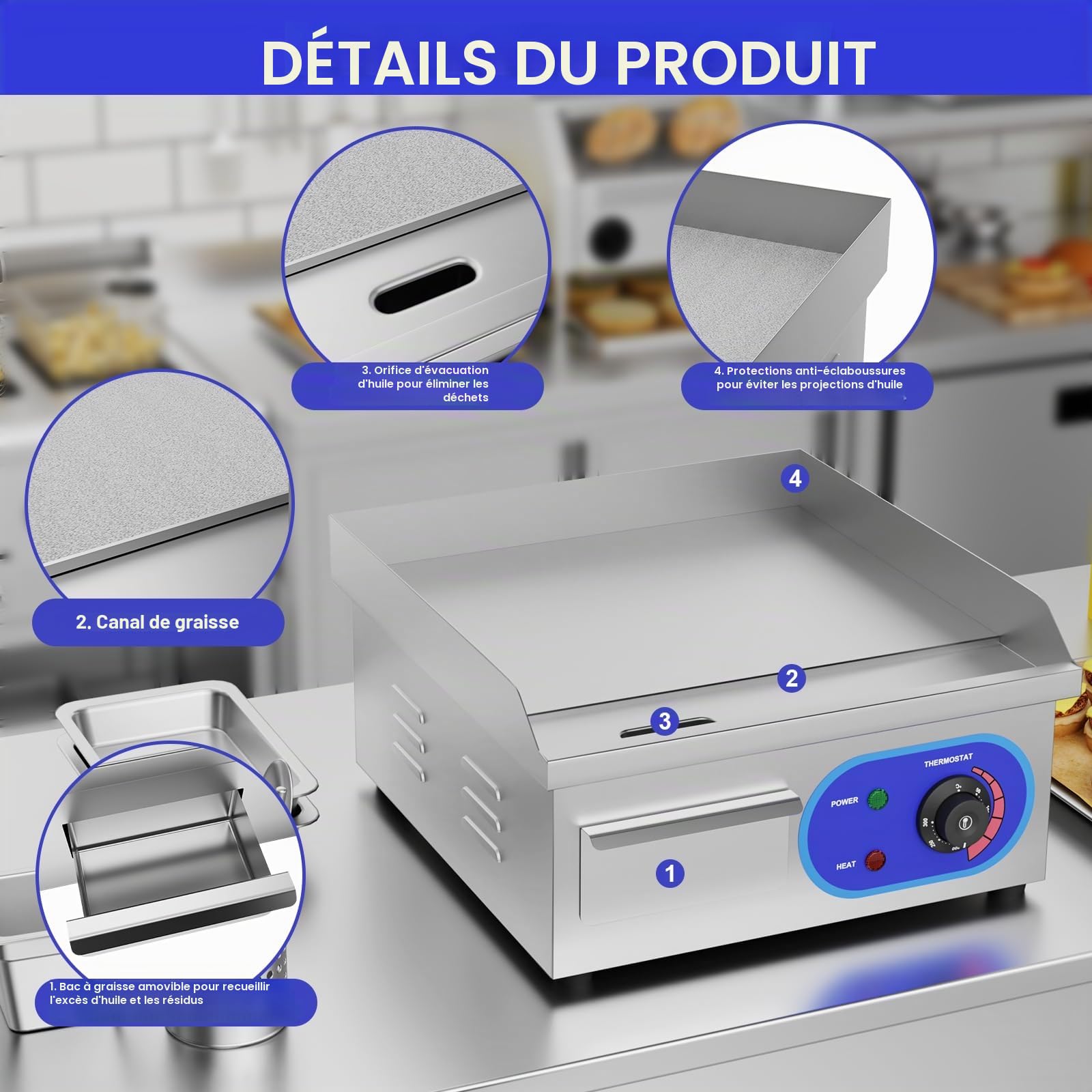 TAIMIKO 14" Plancha Électrique Inox Grill de Table Professionnelle 220-240V 1700W Plaque de gril en fer Surface plaque Lisse Anti-éclaboussures (35.5 x 30 cm)