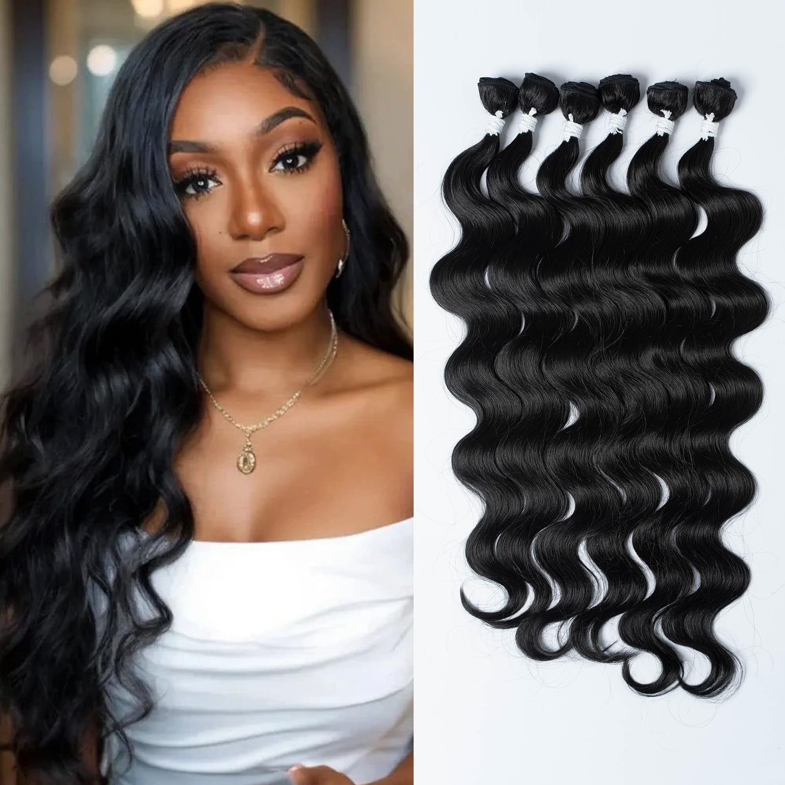 DÉBUT Body Wave 6 Bundles Synthetic Hair Long Wavy Hair 22 24 26 Inches 6Pcs High Temperature Fiber 300g for Full Head Synthetic Hair Weave 1B Color