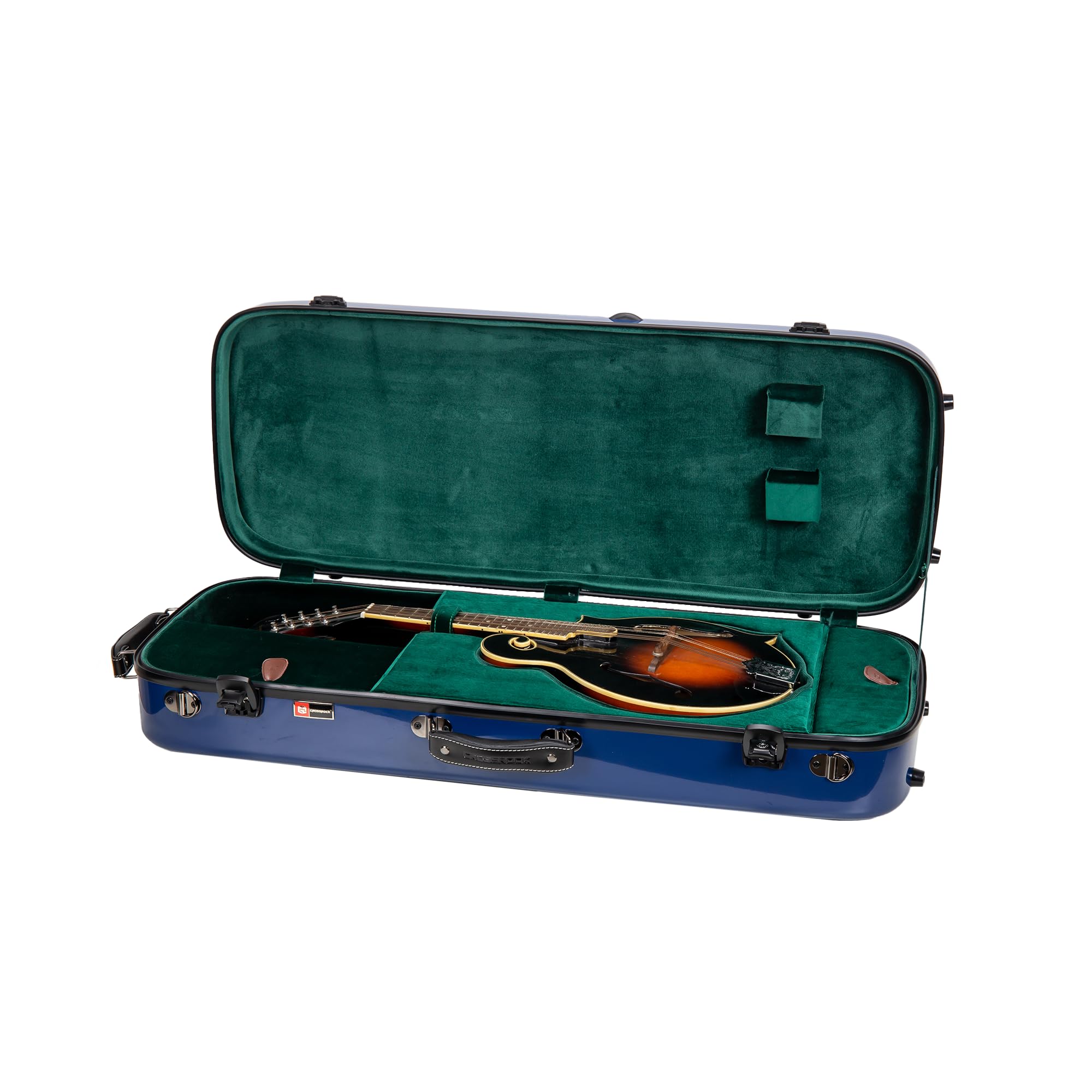 Crossrock Fiberglass Mandolin Case – Oblong for A & F-Style (Universal Fit) | Navy Blue Gloss, Forest Green Velvet, TSA Lock, Hygrometer, Backpack Straps – Pro Travel Series