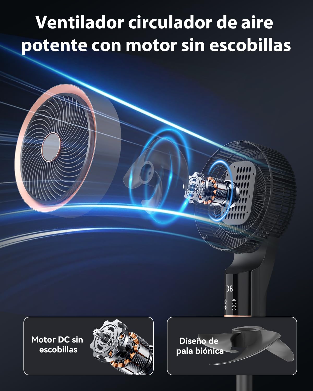 Ventilador de Pie Silencioso 20dB para Dormitorio con Motor DC, 12 Velocidades, 3 Modos, Oscilación 120°+120°, Altura Ajustable 53-110 cm, Temporizador 12 Horas, Mando a Distancia y Flujo de Aire 27m