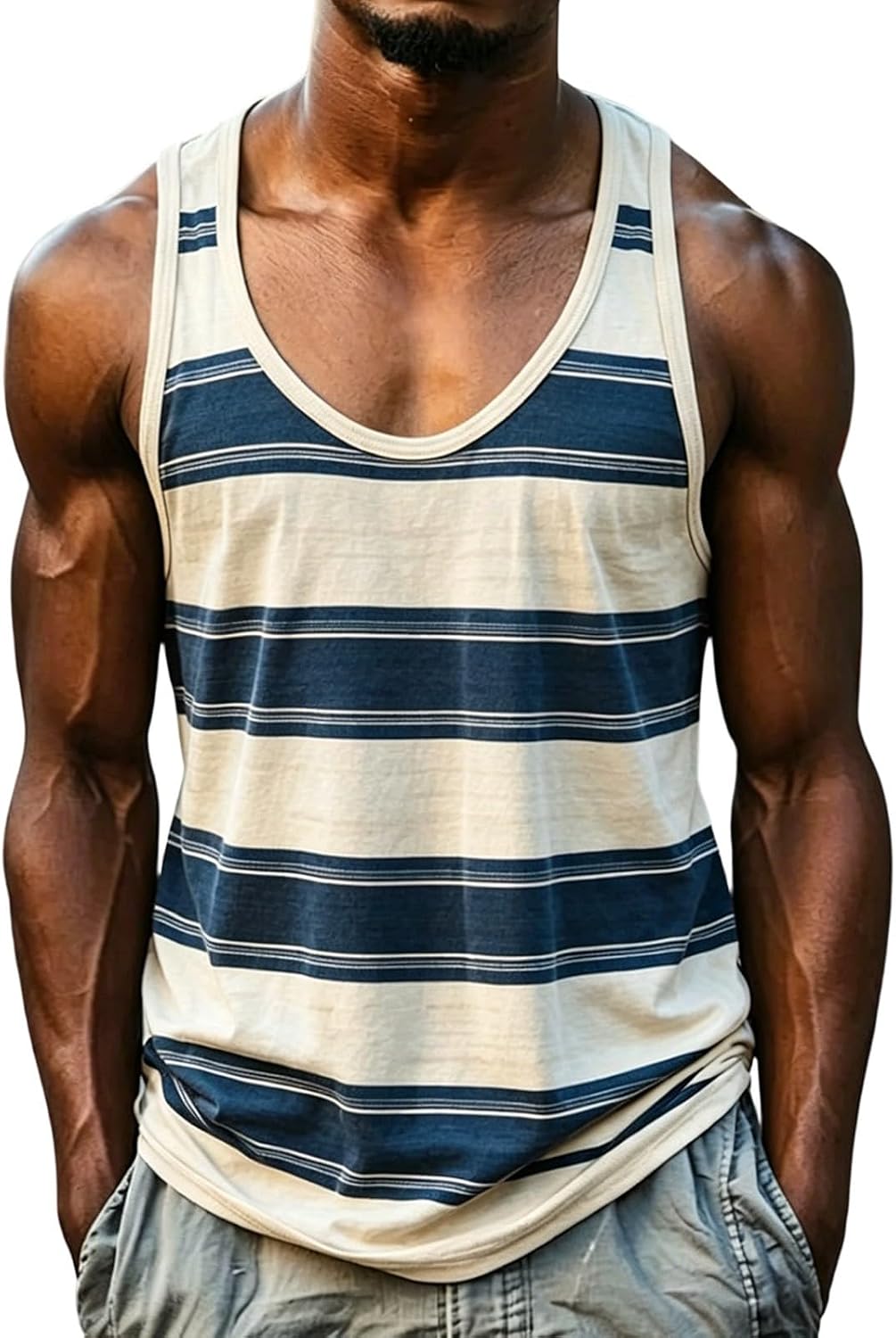 Mens Striped Tank Top Summer Sports Cut Off Tee Plus Size Casual Tops Athletic Bodybuilding U Neck Sleeveless T Shirt