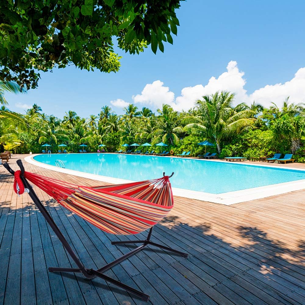 Vasitelan Hammock with Space Saving Steel Stand Included 2 Person Heavy Duty Outside Garden Yard Outdoor 330lb Capacity 2 People Standing Hammocks and Portable Carrying Bag (Red Stripe)