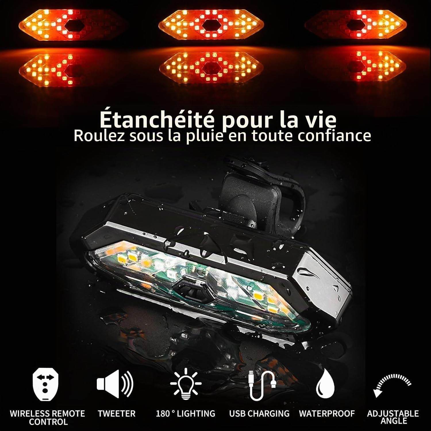 Clignotant de trottinette électrique IPX4 rechargeable par USB avec télécommande sans fil et indicateur de frein automatique et alerte de virage, avec 5 modes, accessoire de scooter pour Xiaomi M365