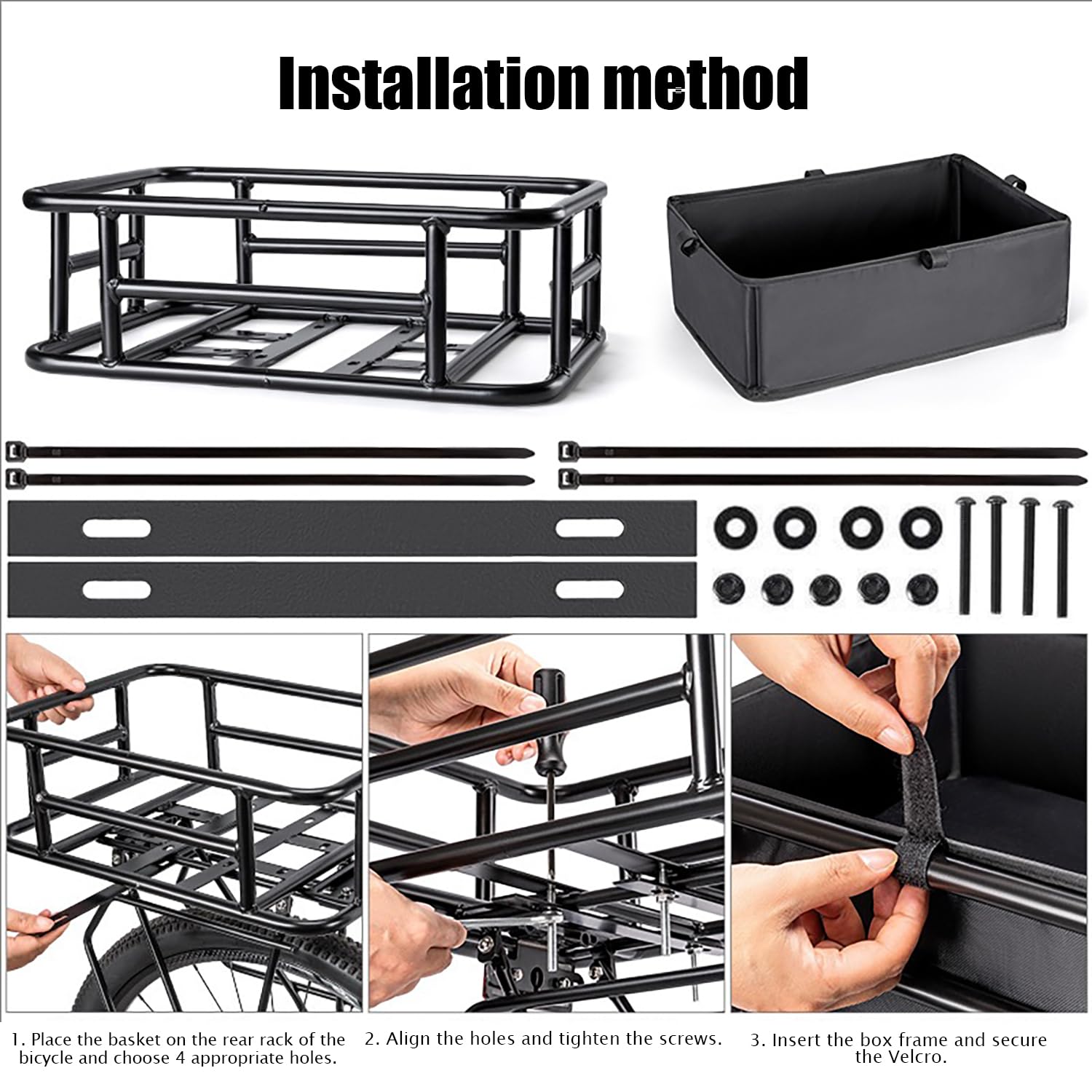 Cesta Bicicleta Trasera，Gran Capacidad 43×33×15,5 Cm, con Una Carga Máxima De 50 Kg, Adecuado para La Mayoría De Bicicletas y Bicicletas Eléctricas, Fácil De Instalar, Incluye Accesorios, Color Negro