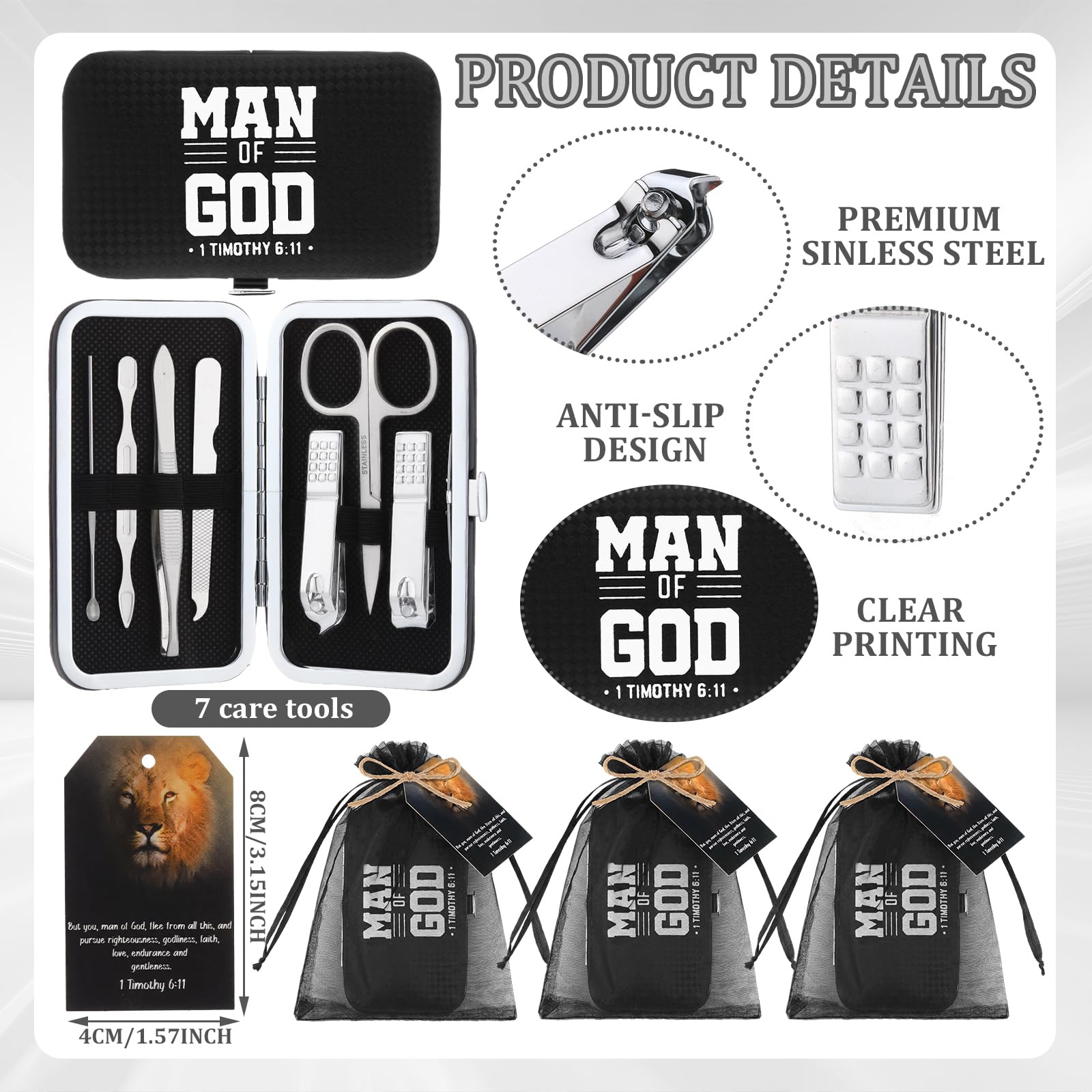 Shinymoon 12 Sets Man of God Christian Gifts Bulk for Men Father Day Gifts Bulk Church Bible Manicure Sets Man of God Scripture Stainless Steel Nail Clipper Set with Card Religious Gift for Father Day