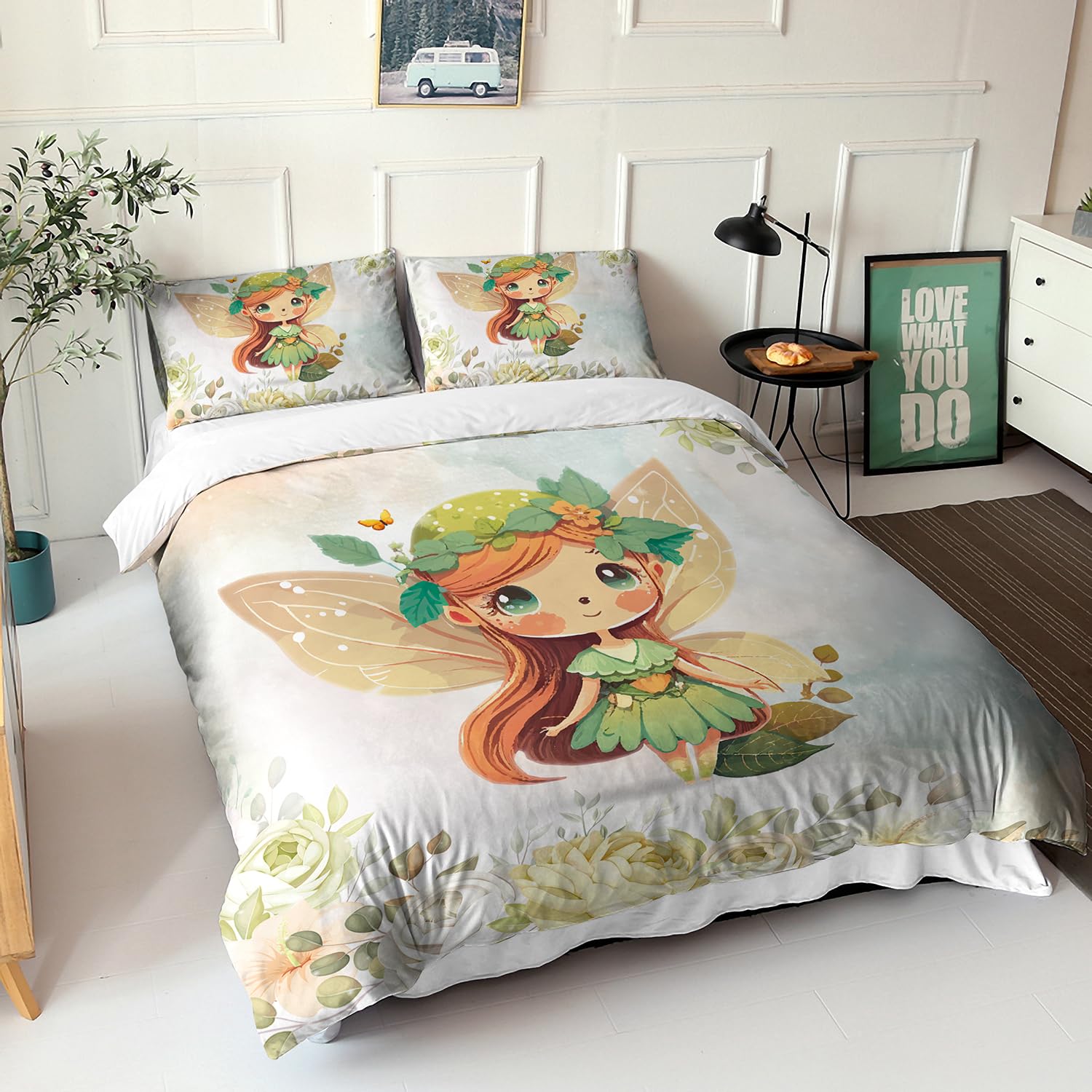 AILONEN Fairy Duvet Cover Set, Full Size, Butterfly Fairy Bedding Set for Kids Girls, Watercolor Nature Plant Flowers Comforter Cover, Kawaii Duvet Cover, 3 PCS, 1 Quilt Cover and 2 Pillowcases