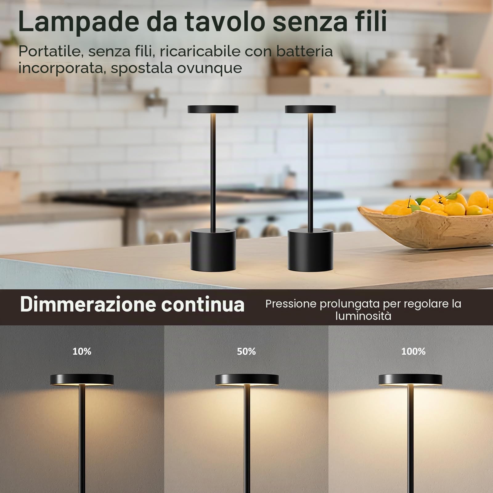 Lampada da tavolo senza fili, Lampada LED da tavolo ricaricabile, 3 Modalità di Colore, Lampada da tavolo LED per sala da pranzo, camera da letto, bar, caffè, ristorante, patio, set da 2 - Nero