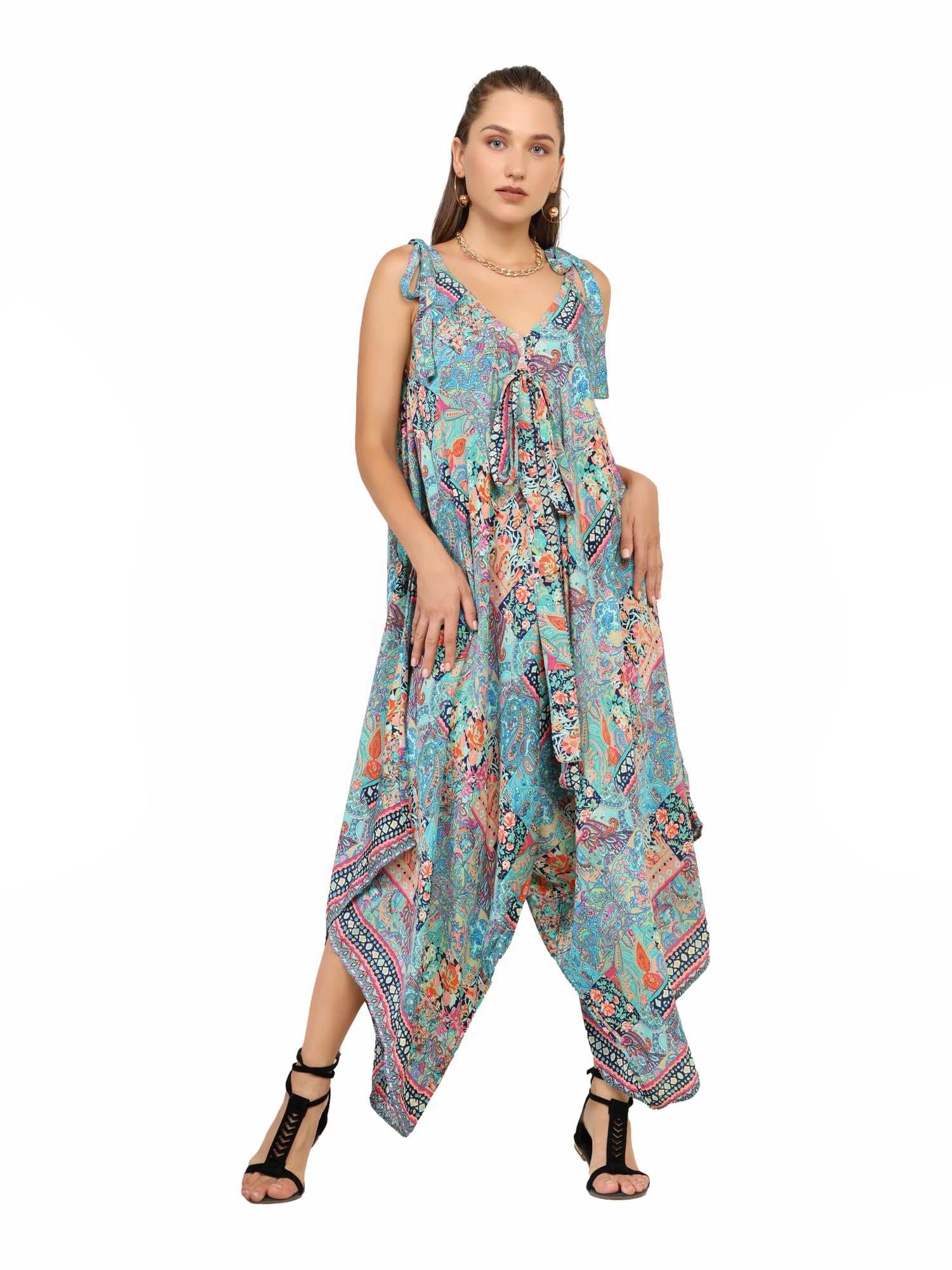 KE Kanha Exports Women's Western Long Jumpsuit – Sleeveless V-Neck, Free Size Flared Tassel Print with Unique Border, Stretchable with Adjustable Drawstring, Perfect for Picnic & Beach (Multicolor)