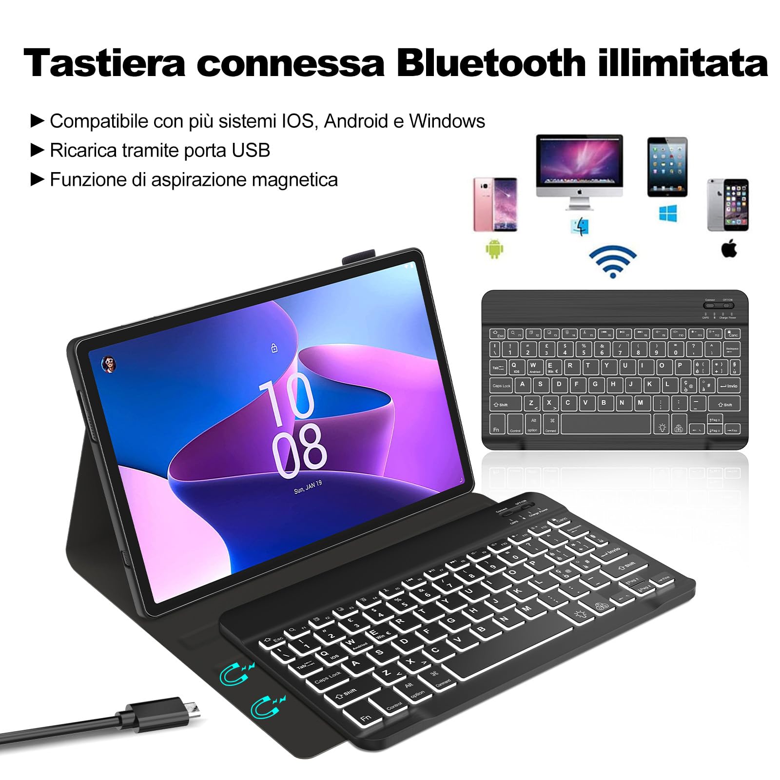 Tastiera per Lenovo Tab P11 (2nd Gen), 7 funzioni di retroilluminazione, Custodia per 11,5" per Lenovo Tab 11(TB350FU/TB350XU 2022), Tsatiera Italiano Slim Bluetooth Rimovibile Magnetica, Nero