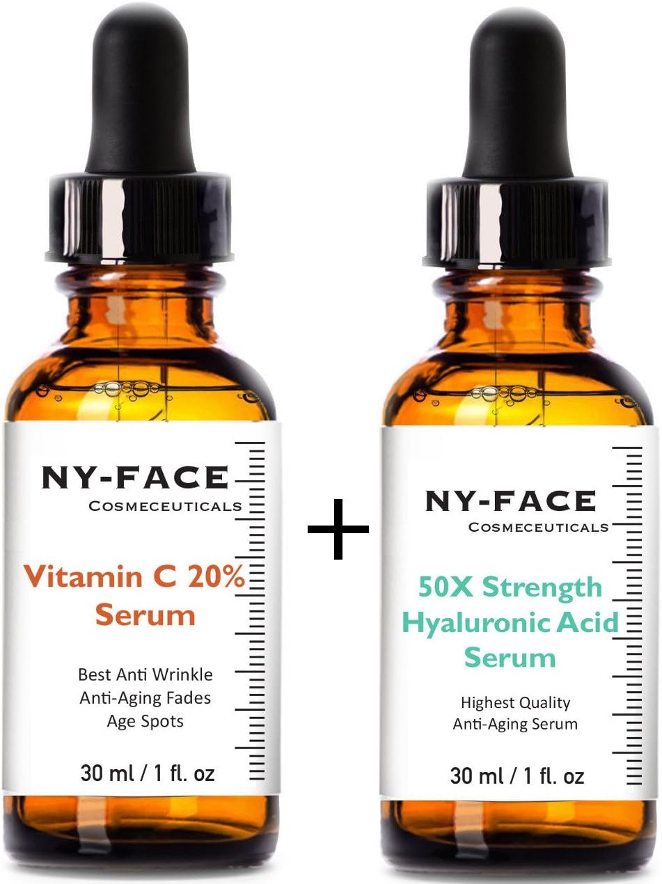 NY FACE's Vitamin C 20% Serum & 50x strength Hyaluronic Acid Serum with Vitamin C, Vitamin E SET
