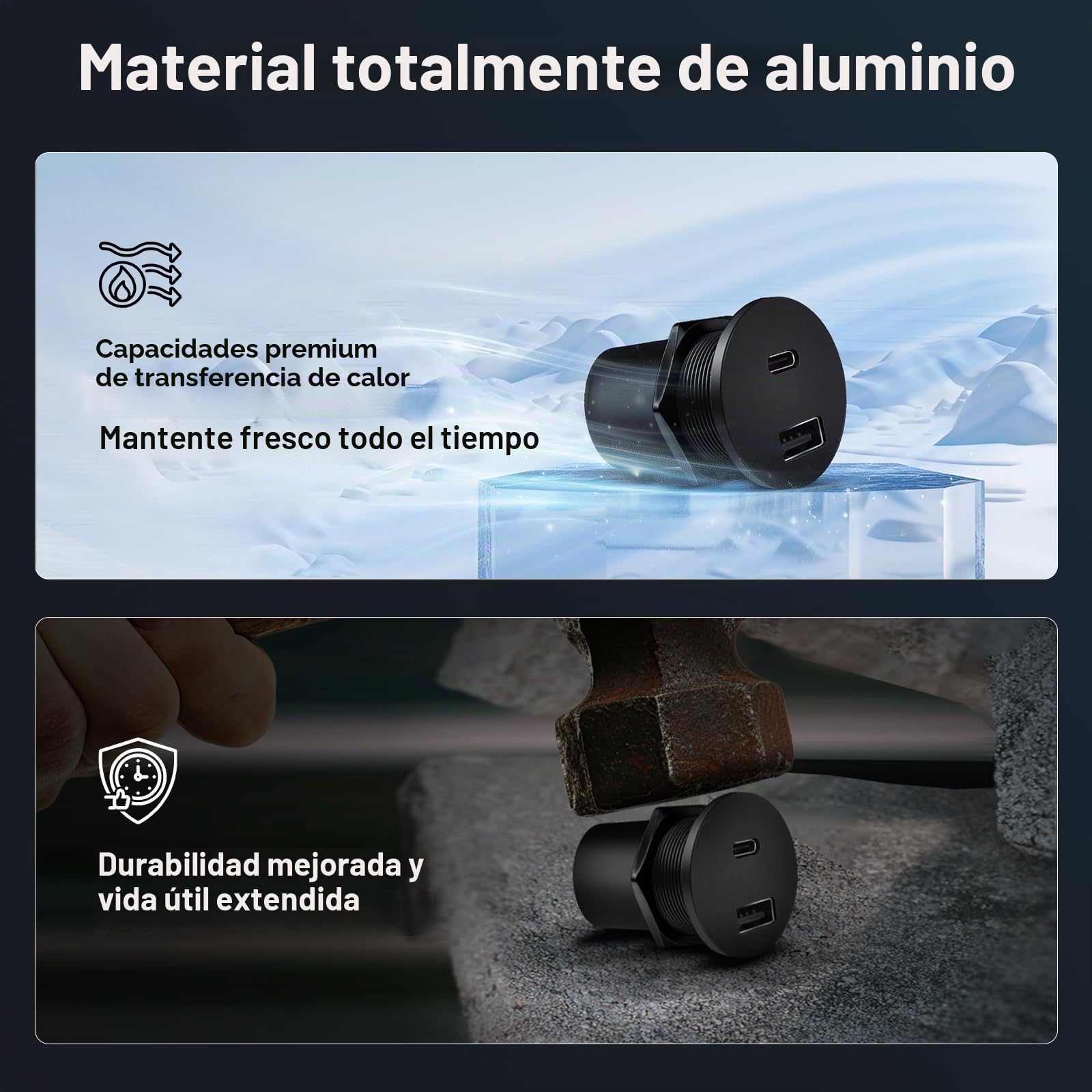 acegoo Toma USB 12V Camper Aluminio USB C Cargador de Coche, Doble Puerto de Carga Rápida PD3.0 y QC3.0 para Autocaravana Barco Marino Camión Autobús