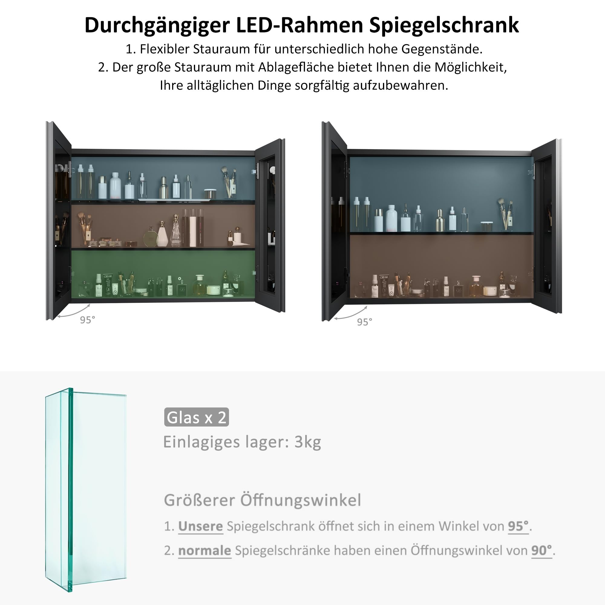 LED Spiegelschrank mit Beleuchtung 60x80x13,5cm Badezimmerschrank, Bad Metall Badschrank Medizinschrank Spiegel Kabinett mit 3-Farben Dimmbar, Beschlagfrei, 2 Glasablage