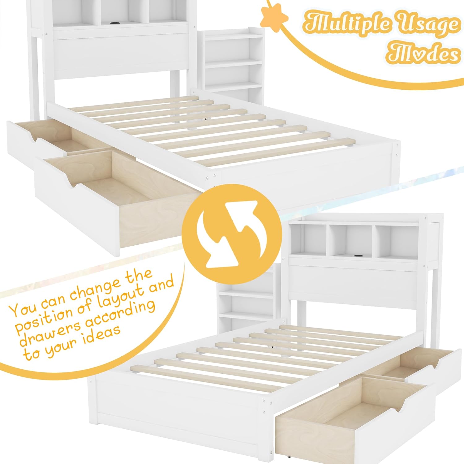 Kids Twin Bed Frame with Drawers & Storage Headboard, Solid Wood Platform Bed with Pull-Out Cabinet, Built-in LED Light & Charging Station, No Box Spring Needed, White