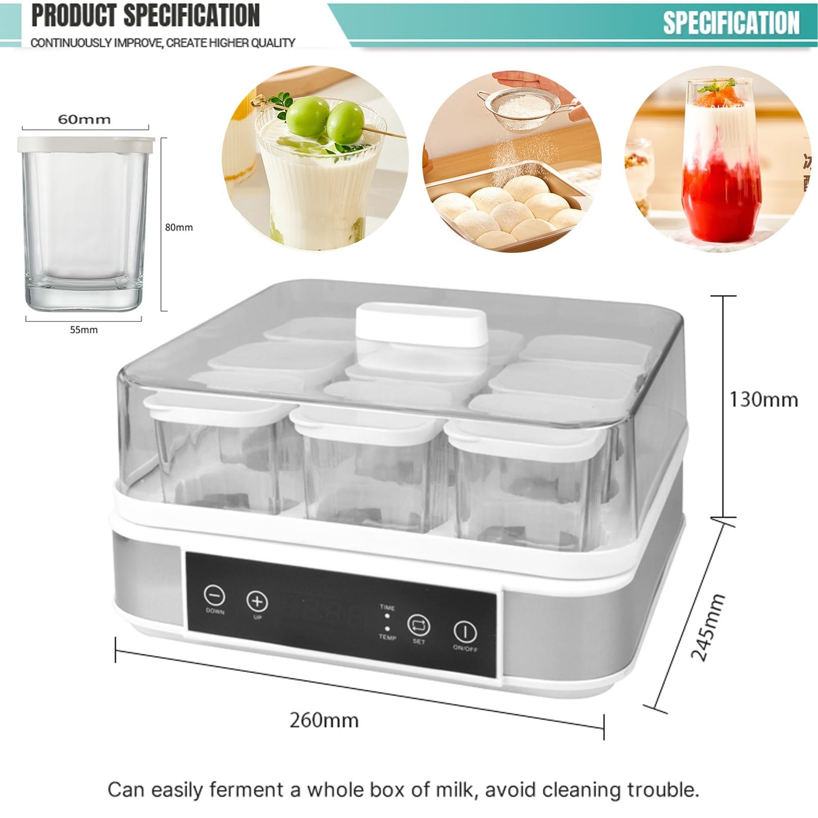 Yogurt Maker per yogurt fatto in casa e natto, temperatura regolabile e controllo del tempo, include 9 barattoli di vetro per dessert freschi