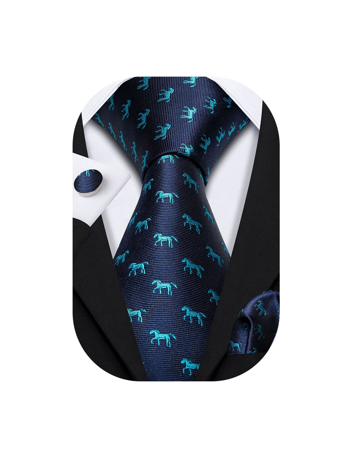 Barry.Wang Juego de corbatas de seda para hombre, gemelos formales, sólidos, pañuelo, tejido, boda, negocios, Caballo verde azulado, Taille unique