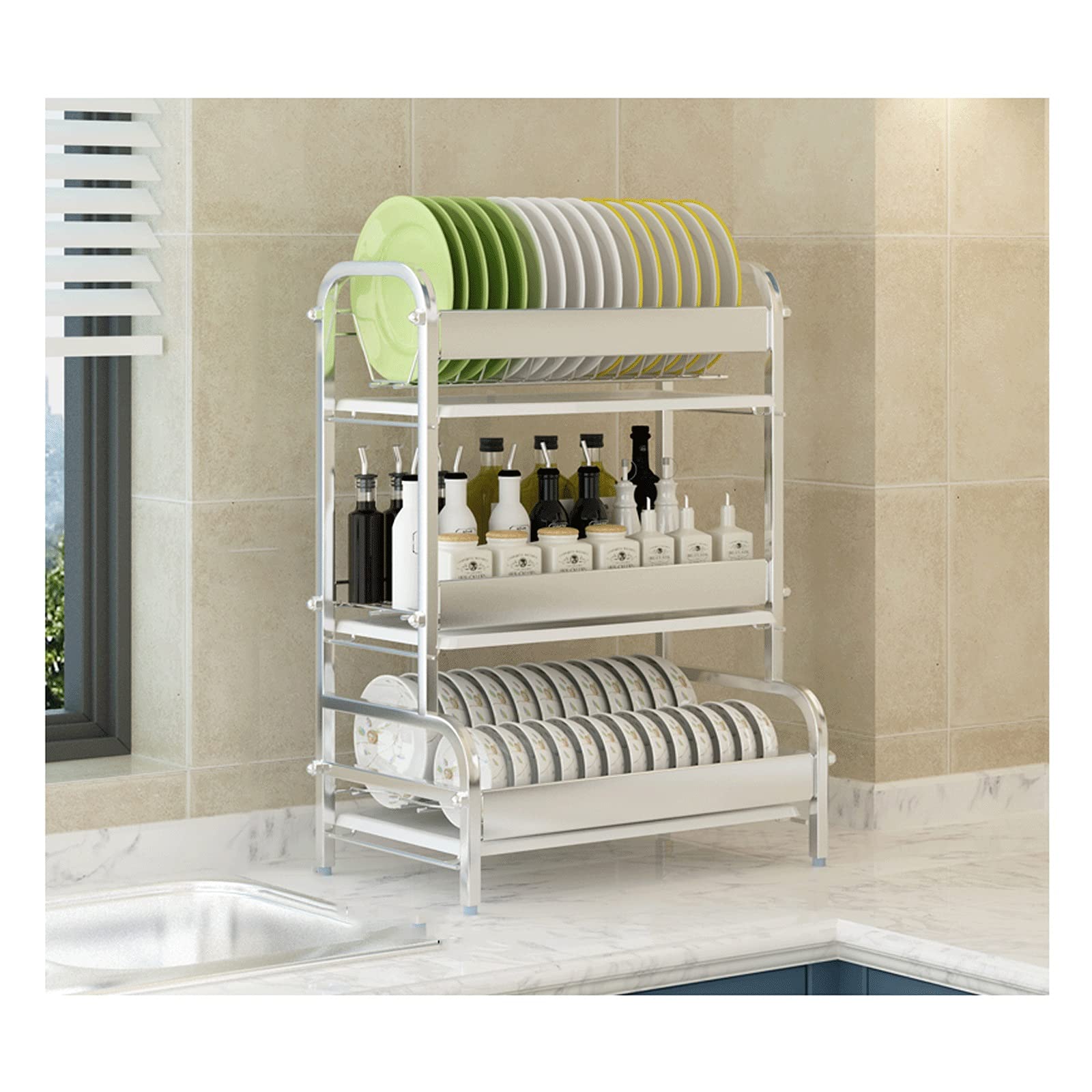Saturey Drainage Küchenregale 304 Edelstahl-Geschirrträger-Spülbeetentabellen, Essstäbchen und Geschirr 3-Layer-Aufbewahrungsbox Edelstahlablauf (Color : A)