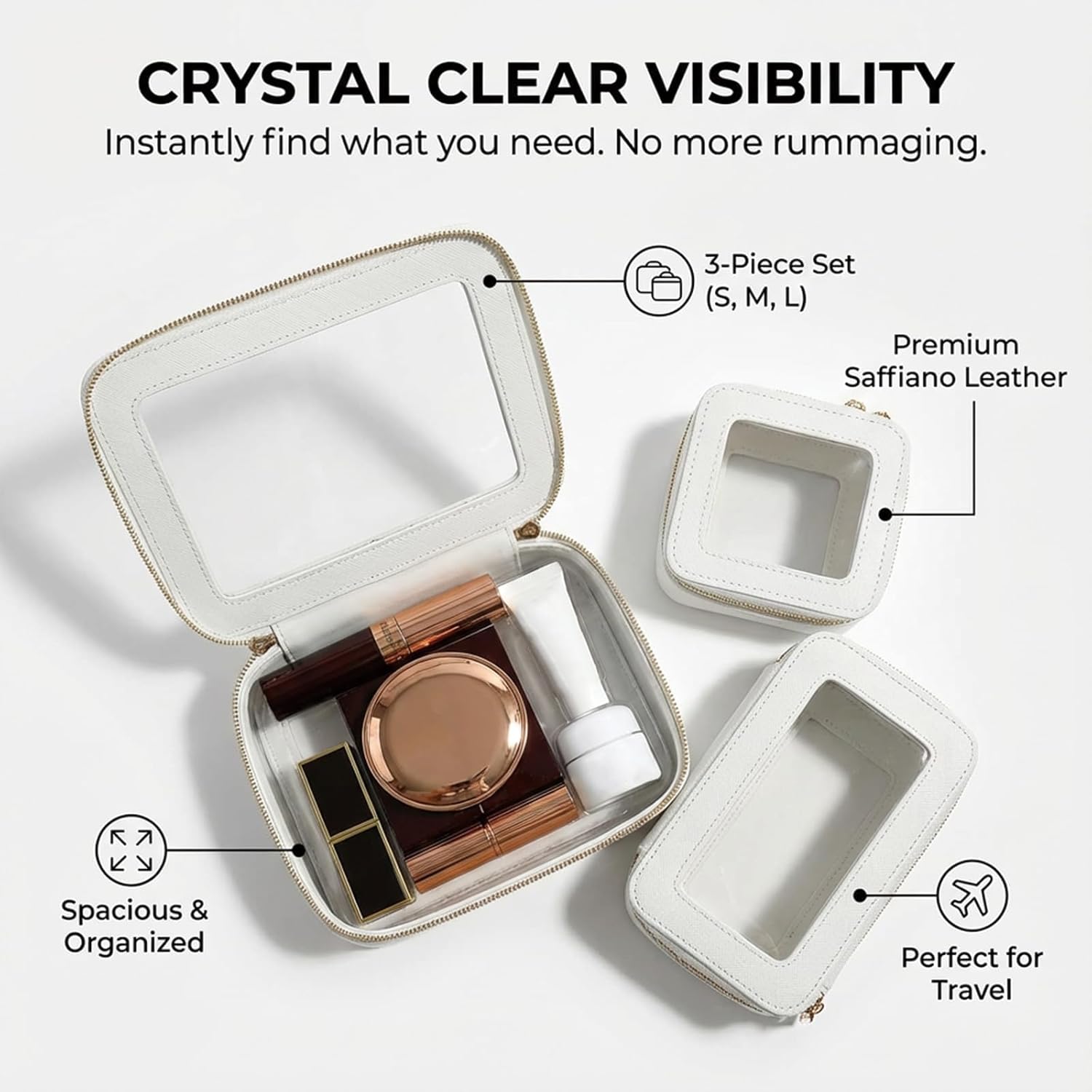 Makeup Bag | Transparent Toiletry Bag | Portable Waterproof Makeup Storage Bag | Travel-Specific Skincare Storage Bag | 2 Sets, L+M+MINI(White)