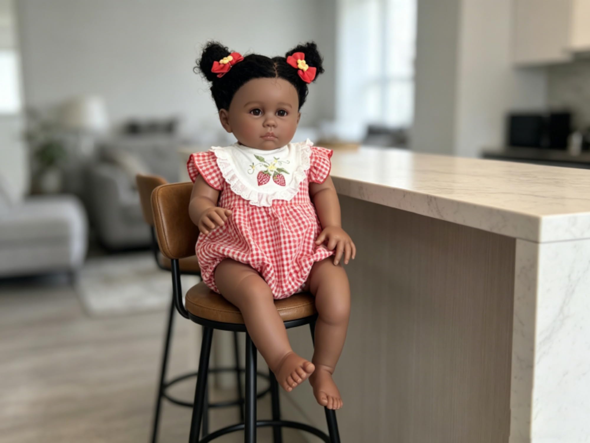 Lonian Real Lifelike Reborn Baby Girl Doll 24 Zoll dunkle Haut offene Augen weiche Baumwolle Körper handgefertigt Kleinkind Puppe für Kinder Spielen Sammlung
