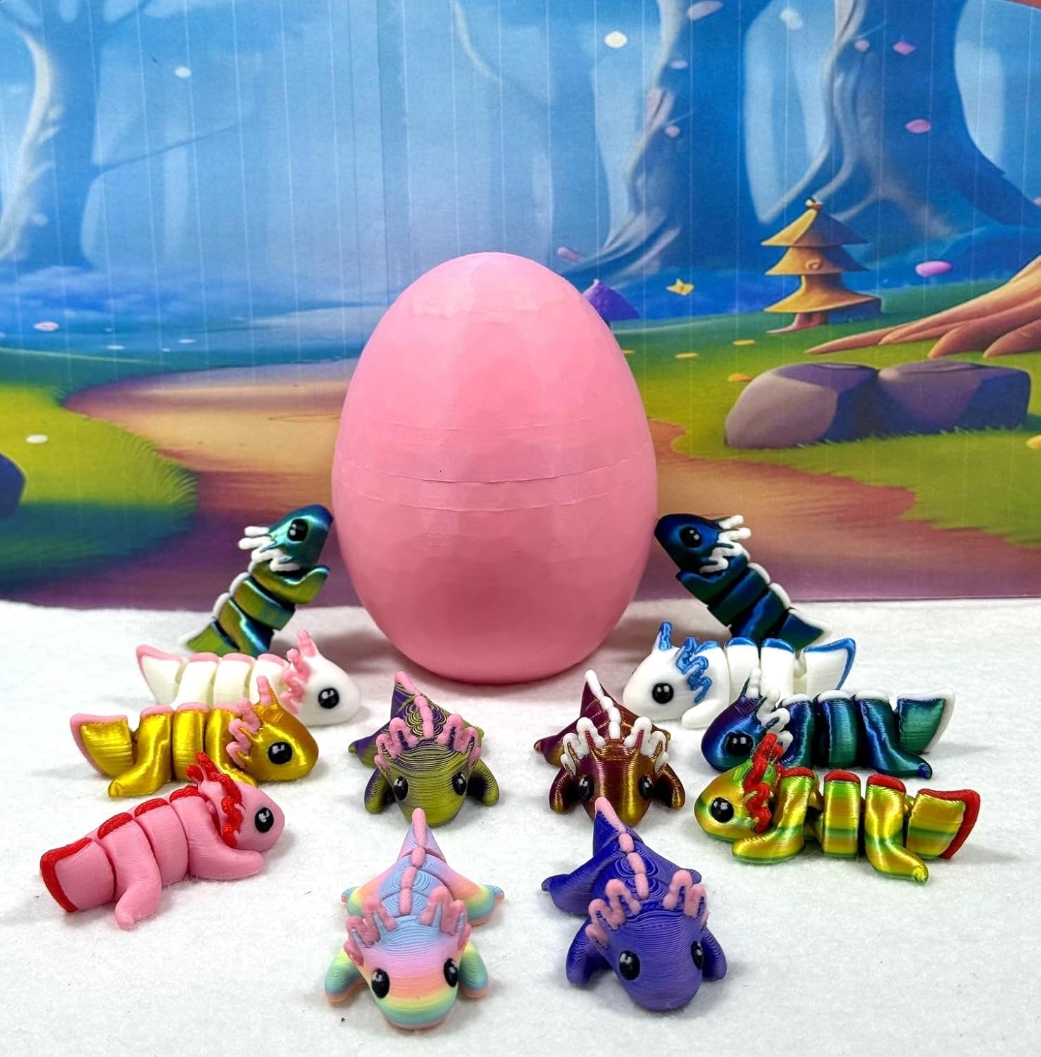 12pcs 3D Printed Mini Axolotl with Egg, Articulated Multi Color Fidget Axolotl, Tiny Mini Animal Gift Idea, Birthday Party Decorations, Cake Toppers MA-SET123-PHE
