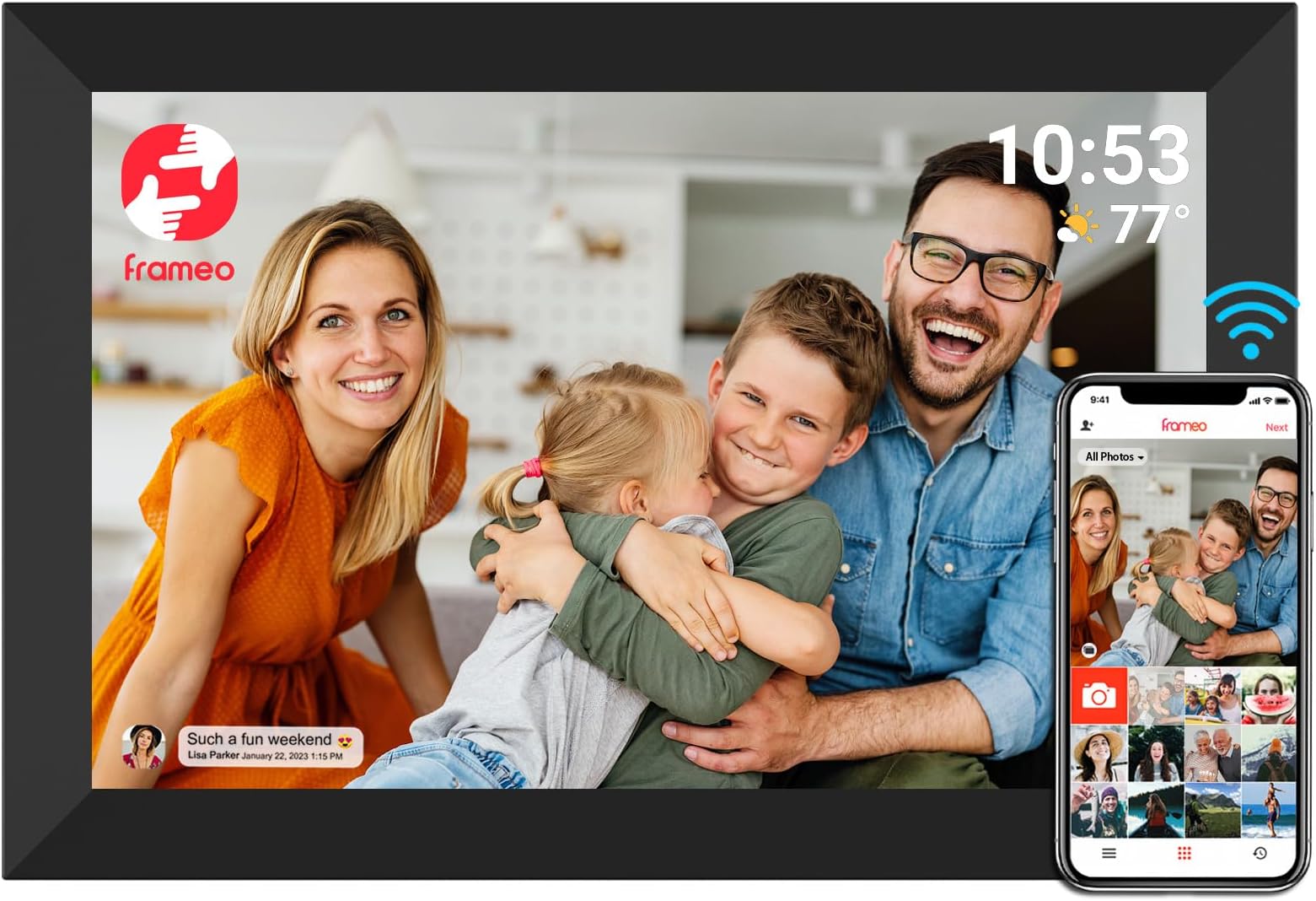 FRAMEO Smart Digital Picture Frame WiFi Cloud 10.1 Inch HD 1280x800 IPS Touch Screen Digital Frame with 16GB Storage Easy Setup to Share Photos or Video via Frameo APP Auto-Rotate Wall Mountable Black