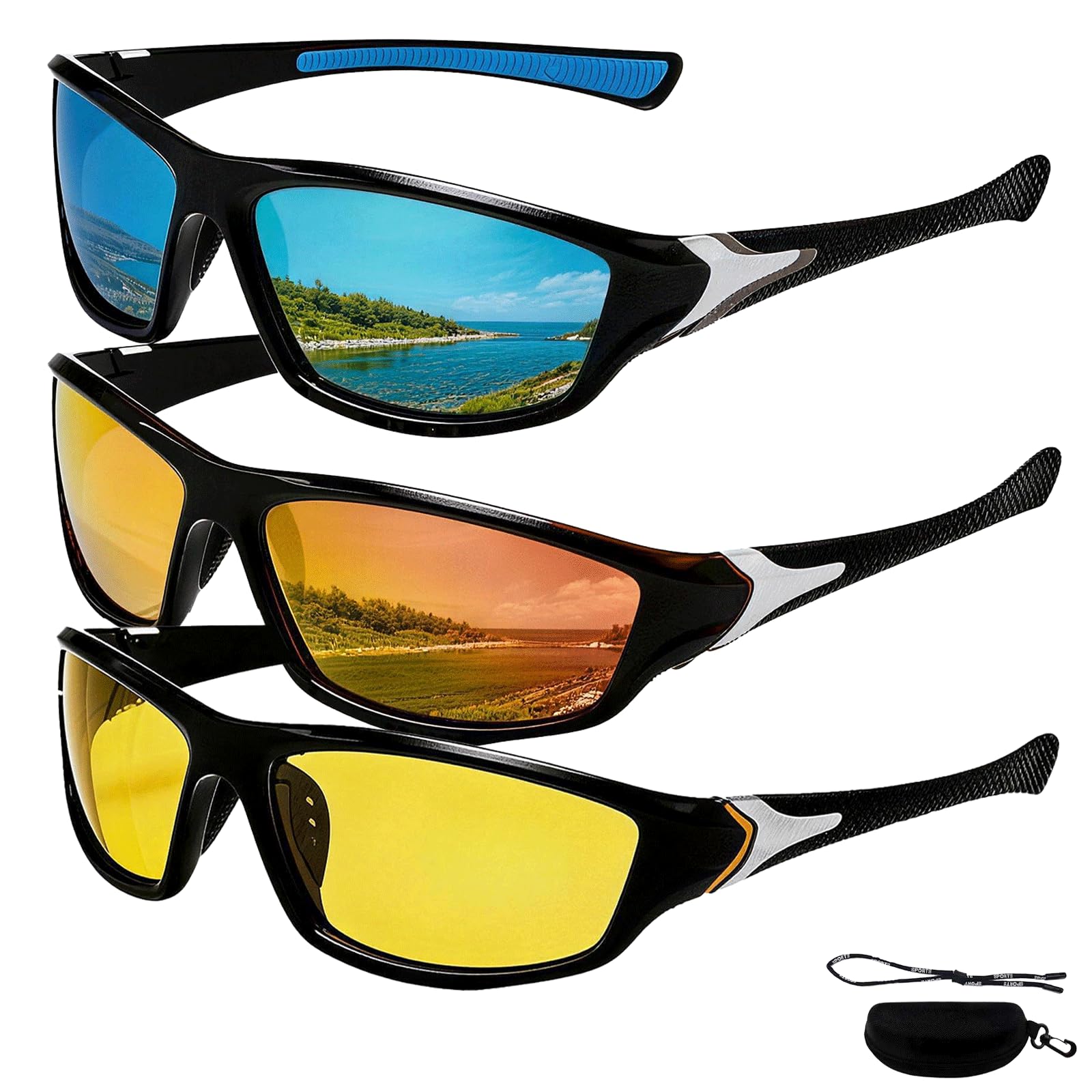 nnOuOnn 3Pack Sports Polarised Sunglasses for Men Women Cycling Running Driving Fishing Golf, Wrap Around Night Glasses Set with Strap and Case, Anti Glare & UV400