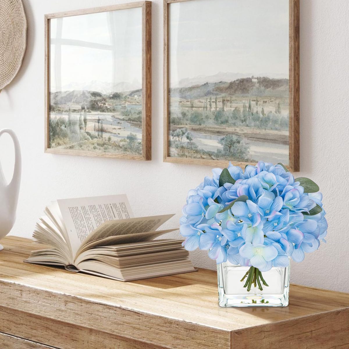 DILATATA Artificial Hydrangea, Peony & Rose Silk Flowers with Vase - Blue, 7" H x 4" W x 4" D, Modern Realistic Style, 1 Count, Home Decor