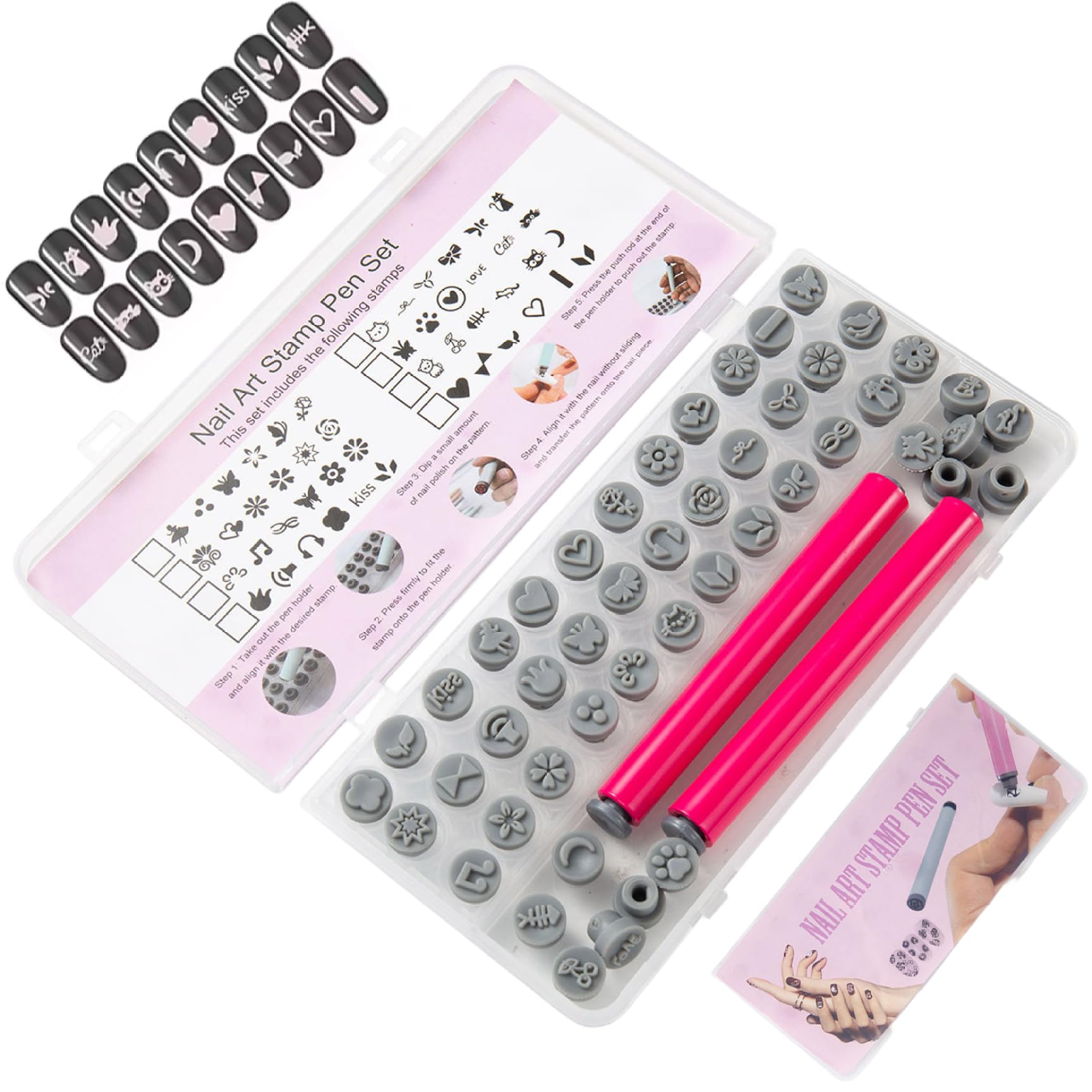 48 pièces stylos de tampon d'art d'ongle différents modèles tampons 'art 'ongle avec pointe de stylo en silicone fleur papillon rose kit 'estampage bricolage pour femmes, décoration jardin