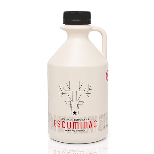 Galardonado jarabe de arce canadiense Escuminac de cosecha tardía, tamaño familiar 1 litro (33.8 onzas líquidas) - Canadá grado A - Sabor robusto