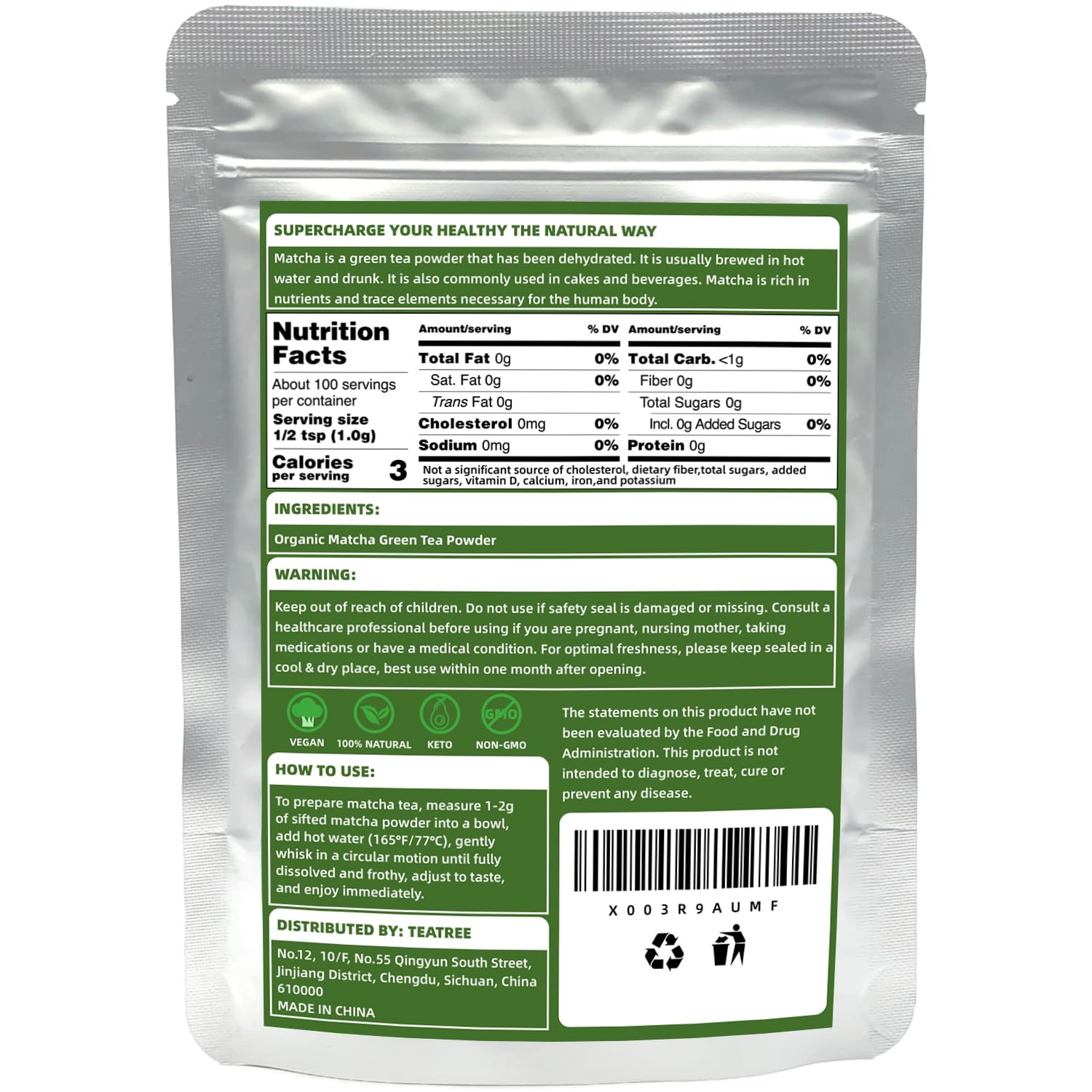 Ceremonial Grade Matcha 100g 3 53oz Organic Matcha Green Tea Powder 100 Natural Pure Matcha for Lattes Smoothies — view 2