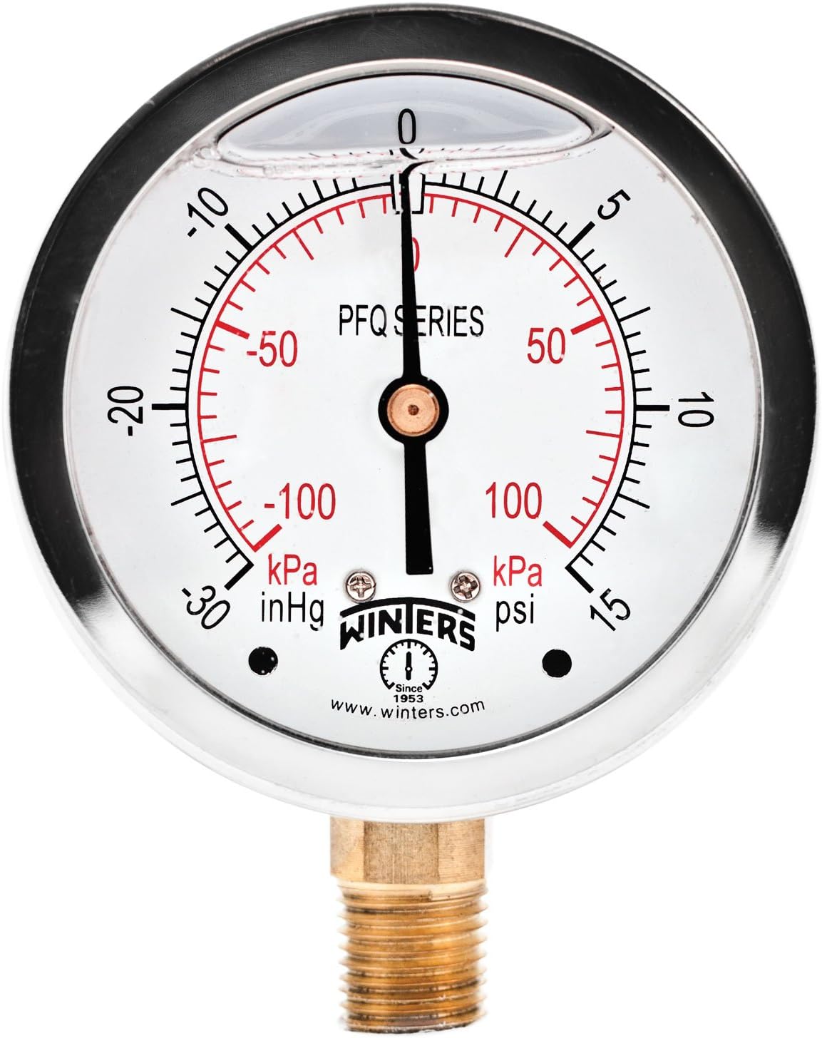 Winters 2-1/2" Dial Size, Liquid Filled Industrial Pressure Gauge, Brass Internals, 304 Stainless Steel Case, Dual Scale 30" Hg-0-15 psi/kPa, 1.5% Acc, 1/4" NPT Bottom Mount, Pressure and Vacuum Gauge