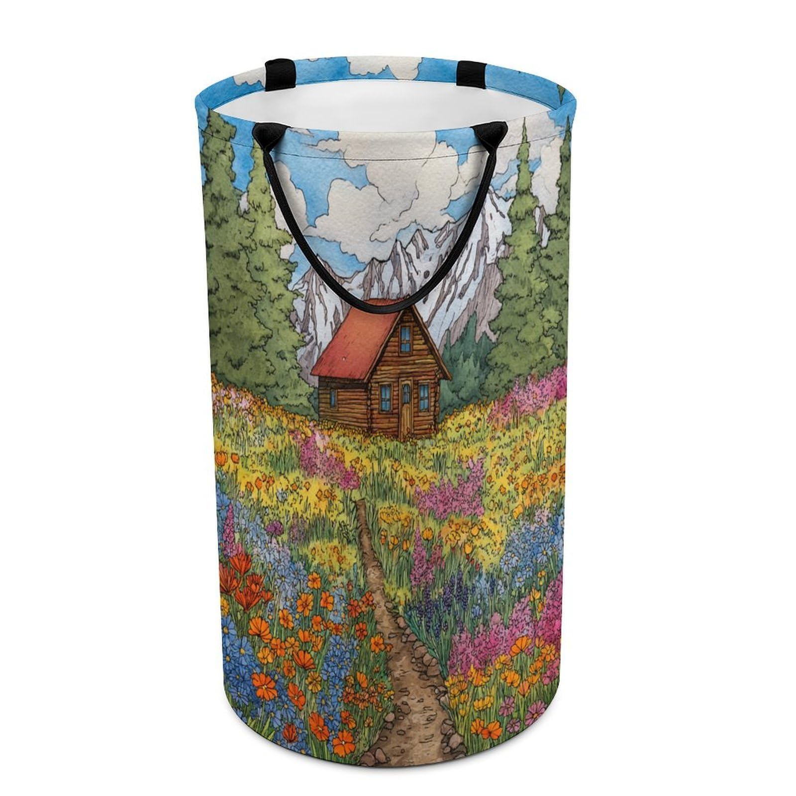 LUYYSKY Colorful Realistic Floral Field - Collapsible Dirty Clothes Basket, Classic Oil Painting Mountain Farm Barn Log Cabin Tulip Flowers Portable Clothes Storage Basket