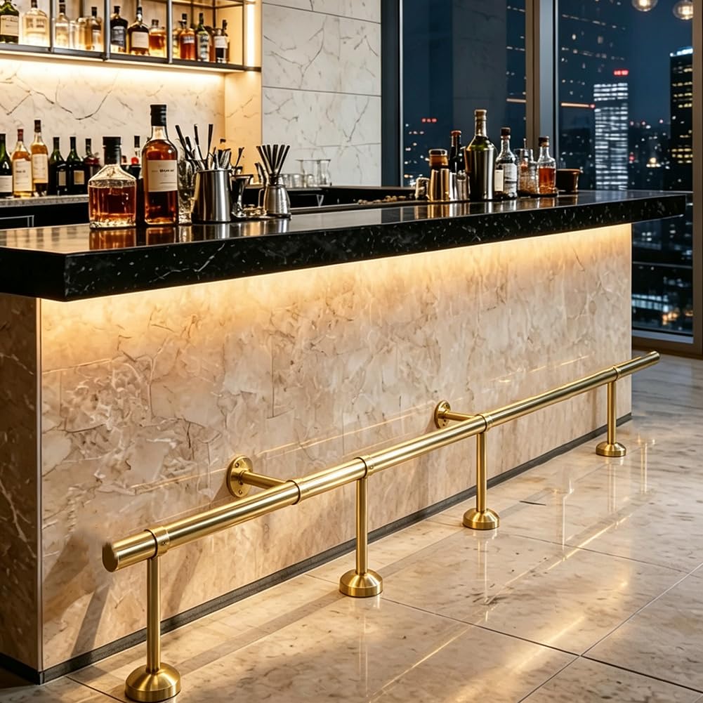 Hefjiayciq Gold Stainless Steel Bar Foot Rail Kit, Undercounter Mount Hardware Bracket Kit, For Indoor And Outdoor Bars,,420Cm/13.8Ft