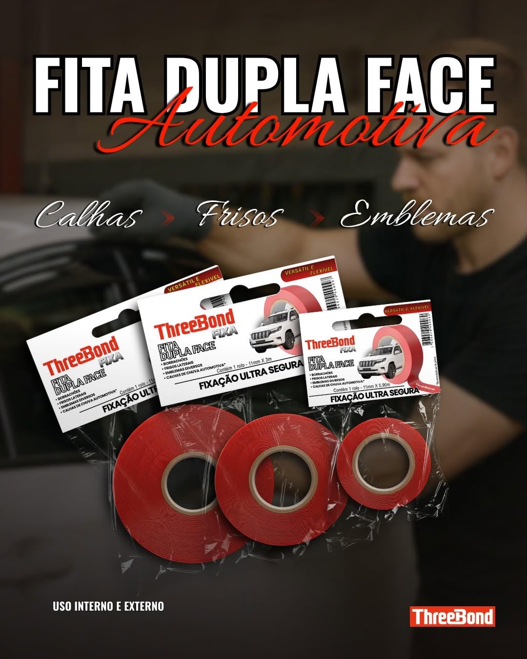 Fita Dupla Face Automotiva ThreeBond 11mm x 3M | Frisos, Emblemas, Borrachões | Resistente Vibração e Impacto | Fixação Permanente Fita Dupla Face Automotiva ThreeBond 11mm x 3M | Frisos, Emblemas, Borrachões | Resistente Vibração e Impacto | Fixação Permanente