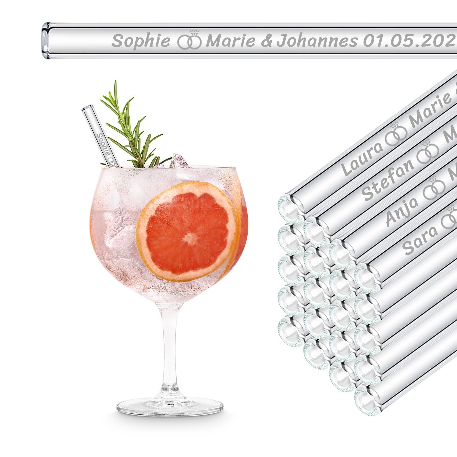 Gastgeschenke für Hochzeit mit individuellen Namen oder Texten graviert 50x 15 cm Personalisierte Glasstrohhalme mit Gravur für Kommunion, Taufe, Abschied, Erzieherin oder Hochzeitsgeschenk