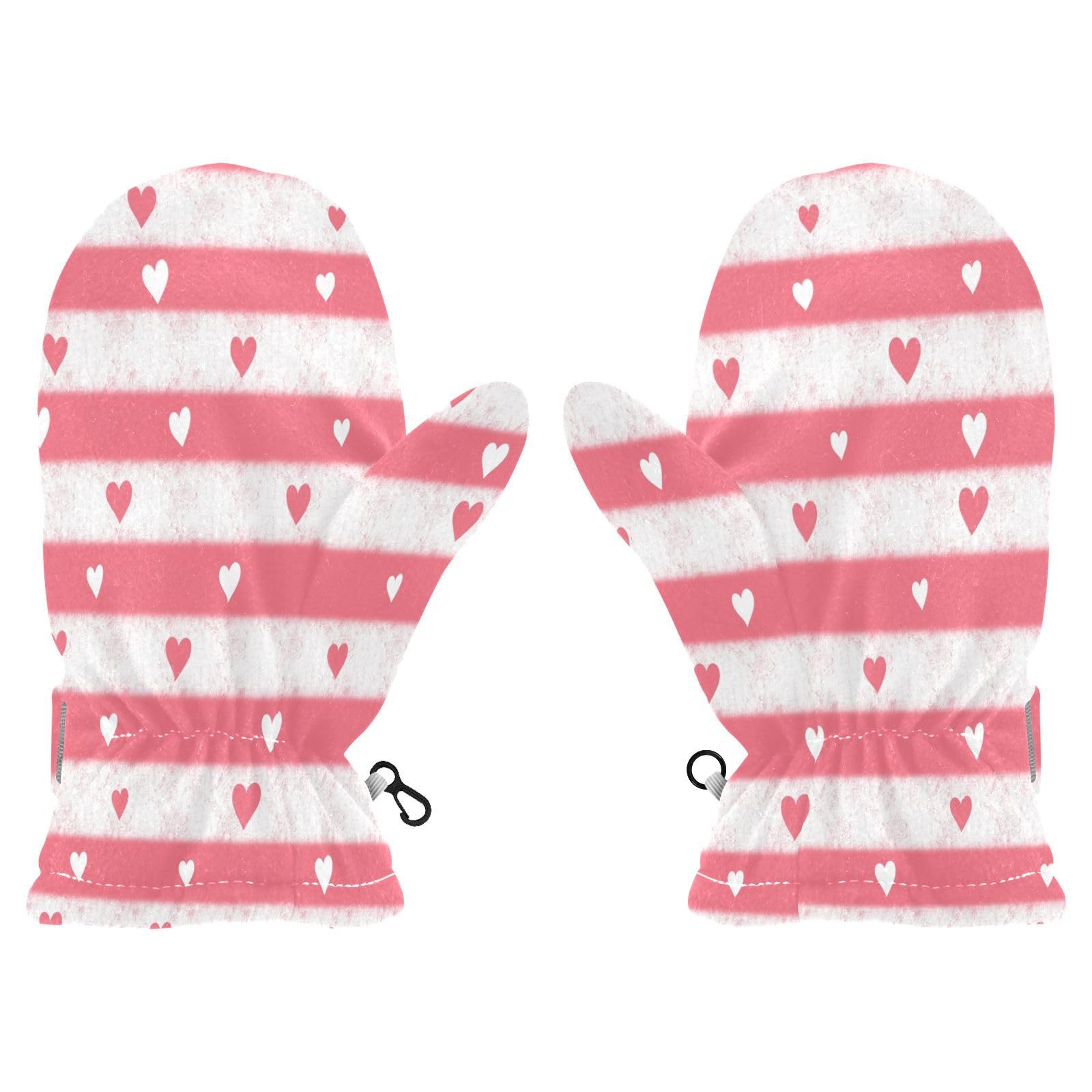 Kids Winter Gloves Mittens Valentines Day Red Hearts Stripes Cold Weather Outdoor for Girls Boys Warm Mittens 4-6 Years