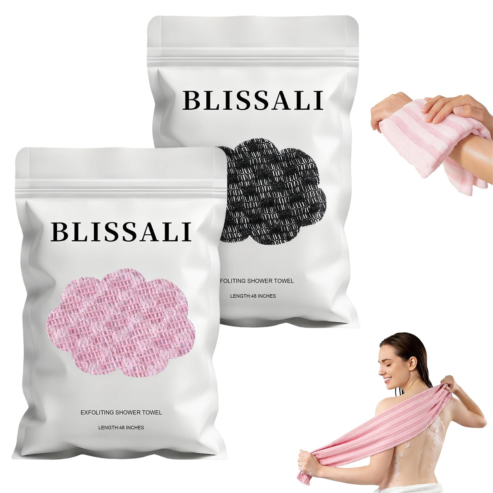 Awinclo 2Pcs Exfoliating Towel, 47" Premium Scrub Wash Cloth for Body Face, 2-in-1 Long Exfoliating Washcloth for Men Women,Exfoliating Body Scrubber for Cleaning&spa (Black+Pink)