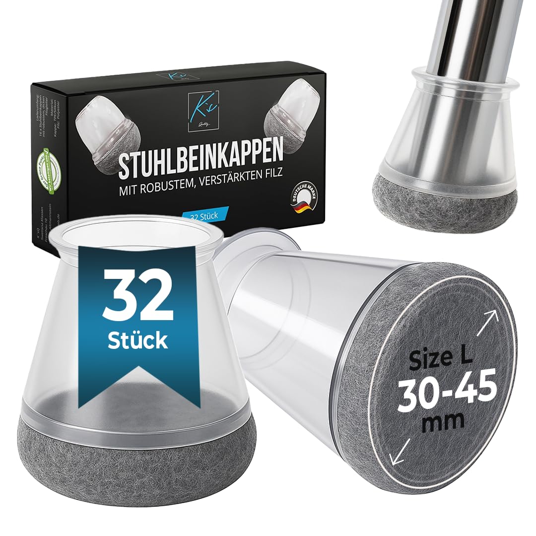 Stuhlbeinkappen Transparent/Grau Rund, 32 Stück, 30-45mm, Filzgleiter für Stühle, Stuhlsocken, Schutzkappen für Stuhlbeine, Stuhlbeinsocken