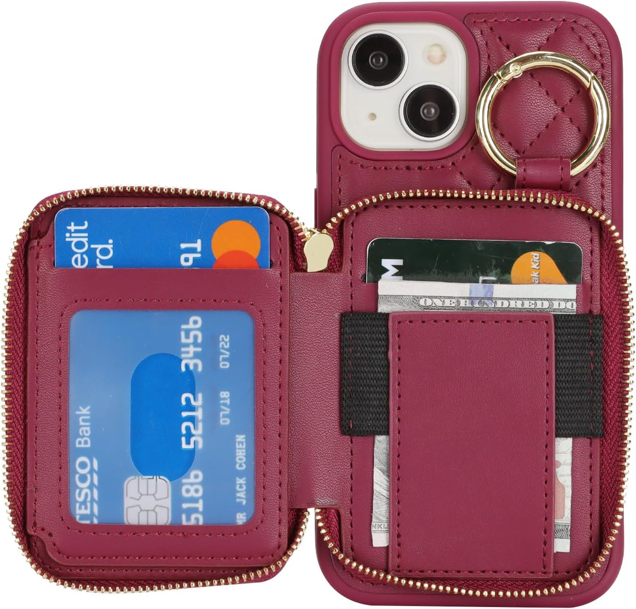 for iPhone 14 Plus Case Wallet with Card Holder,for iPhone 14 Plus Phone case Wallet with Zipper with Slot Kickstand Stand Case for Women and Man 5G 6.7 Inch-Dark red