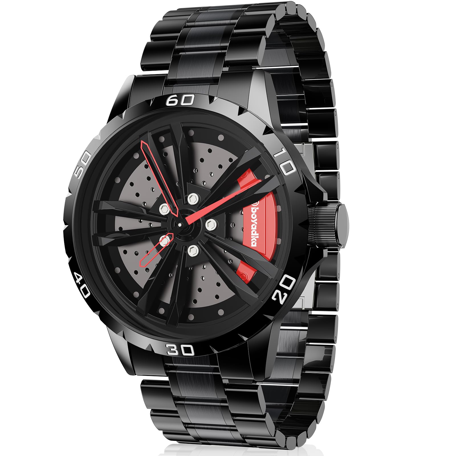 ORARA Car Wheel Watches for Men, Spinning Car Wheel Watch with Japanese Quartz Movement, Stainless Steel Watch Waterproof Wrist Watch with Car Rim Hub Racing Design Red