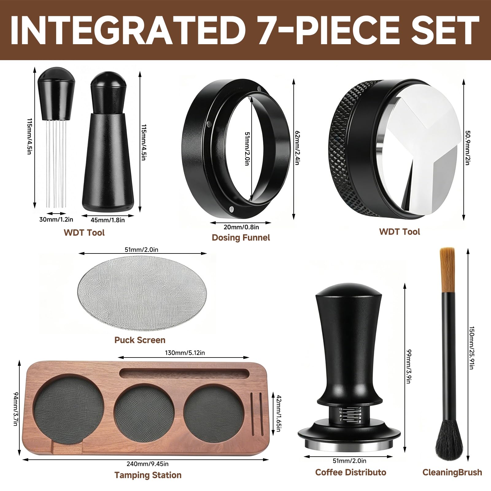 Barista - Juego de prensador de café (7 piezas, 51 mm, con estación de apisonamiento, aguja, distribuidor, anillo dosificador de 53 mm, pantalla y cepillo, acero inoxidable 304)