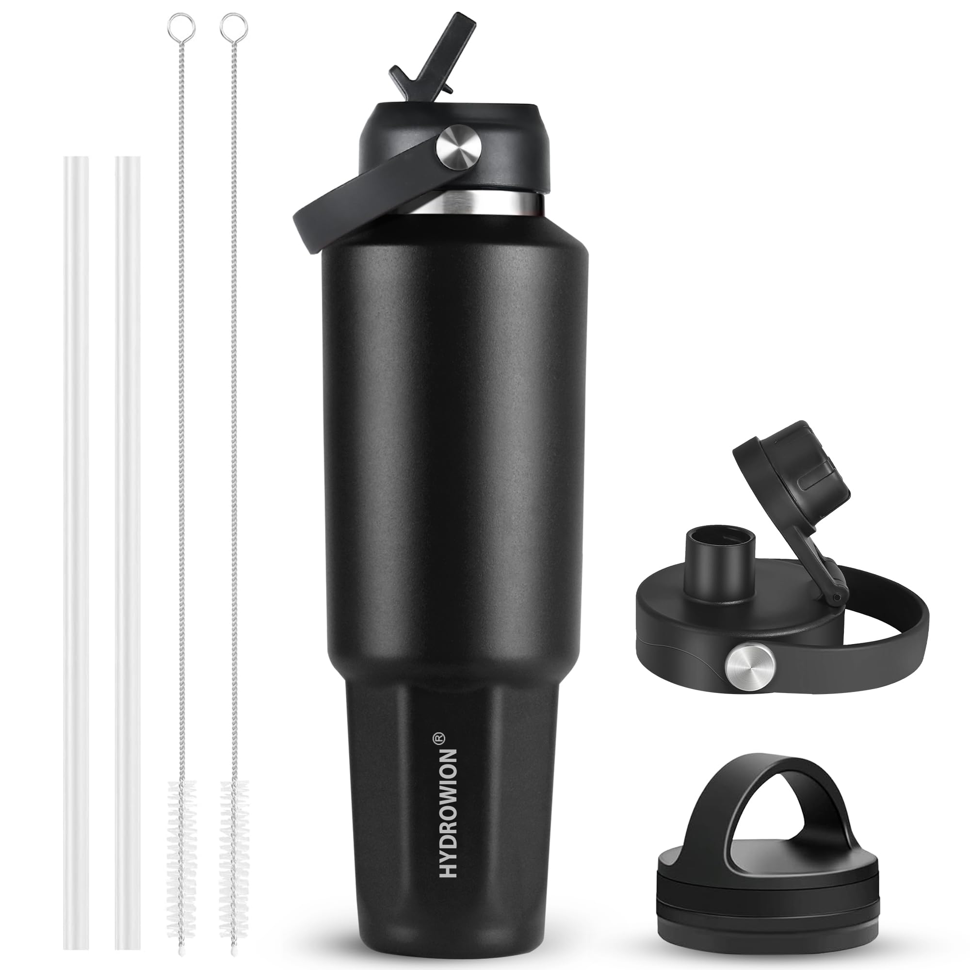 HYDROWION 40 oz Insulated Water Bottle, Car Water Bottle Holder - Double Wall Vacuum Insulated Travel Bottle with Straw Lid, Spout Lid and Flex Cap - Cold for 24H, Hot for 12H, Black Black 40 Ounces
