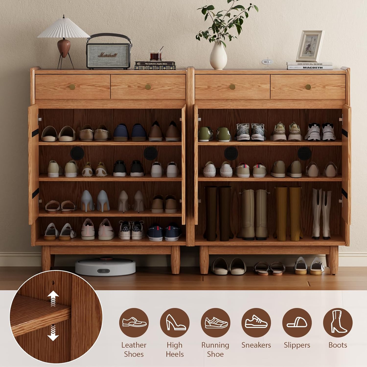 31.4"W wooden shoe cabinet storage for entryway,Free Standing Shoe Racks with 2 Adjustable Shelves and 2 Drawers, Shoe Rack Organizer for Entryway, Hallway, Closet, Living Room,Natural wood color