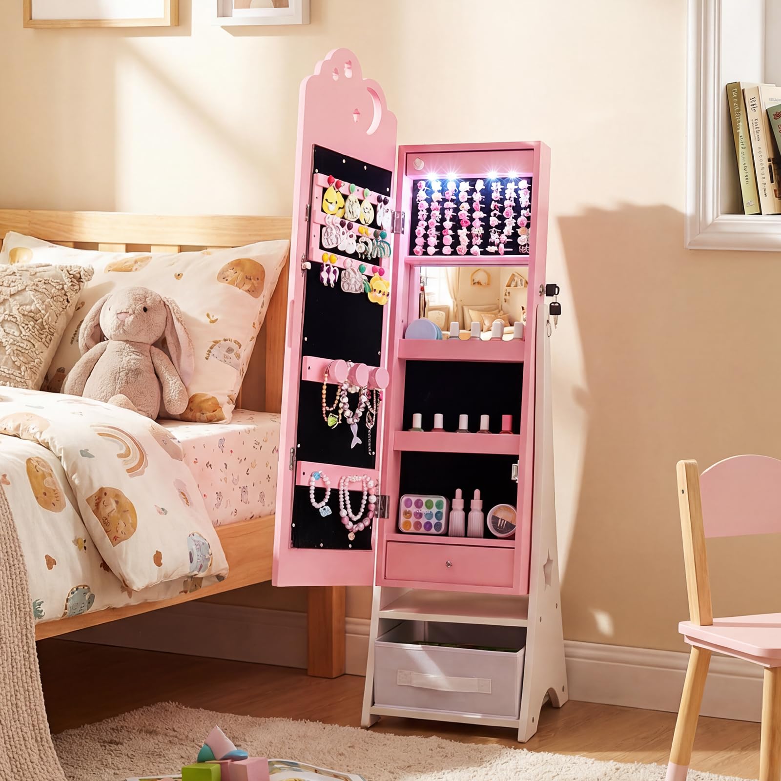COSTWAY Armario para Joyas Infantil con Luces, Armario Joyero de Pie para Niñas con Espejo de Cuerpo Entero, 4 Luces con Sensor, Espejo Joyero para Princesas para Dormitorio Sala de Juegos (Rosa)